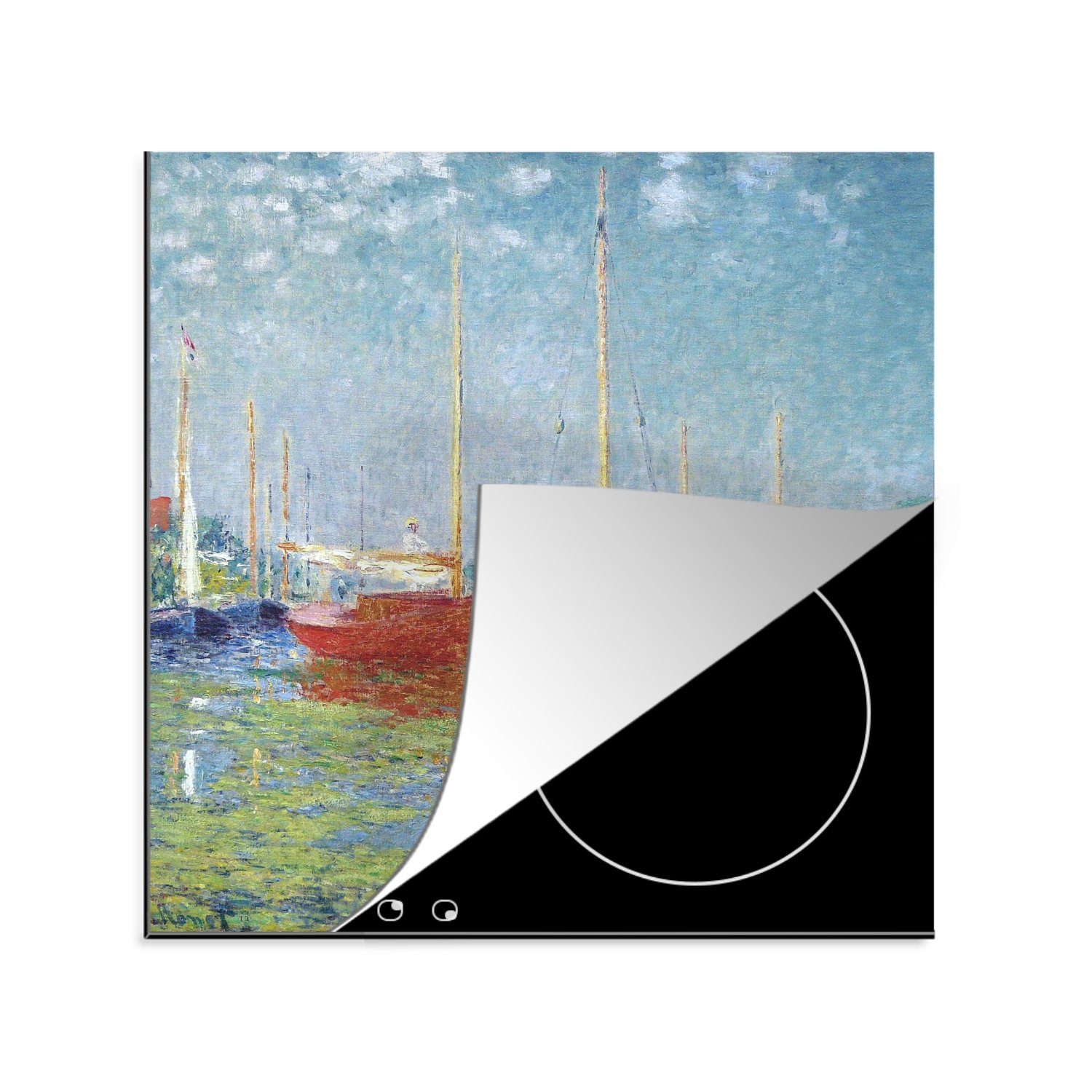 MuchoWow Herdblende-/Abdeckplatte Rote Boote bei Argenteuil - Gemälde von Claude Monet, Vinyl, (1 tlg), 78x78 cm, Ceranfeldabdeckung, Arbeitsplatte für küche
