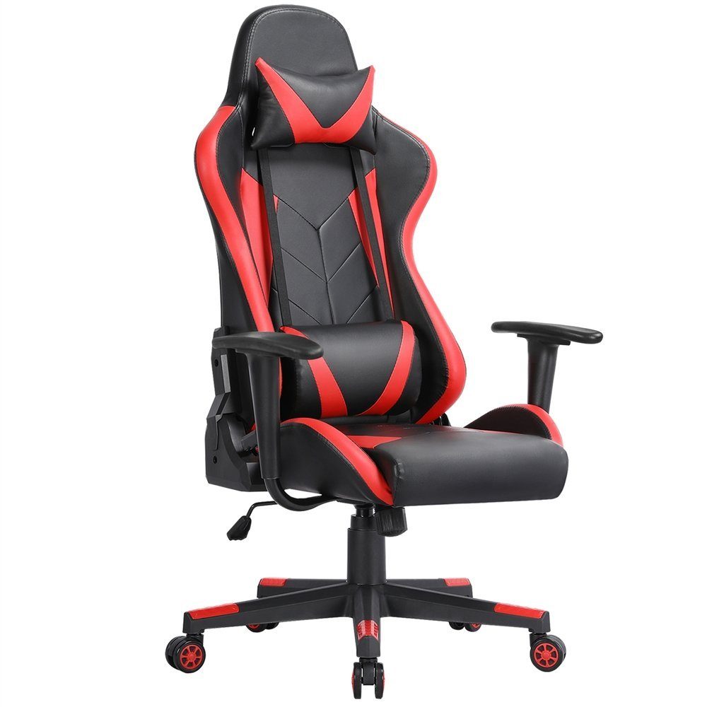 Yaheetech Gaming-Stuhl, Ergonomisches Design mit Kopfstütze und Lendenkissen Schwarz / Rot