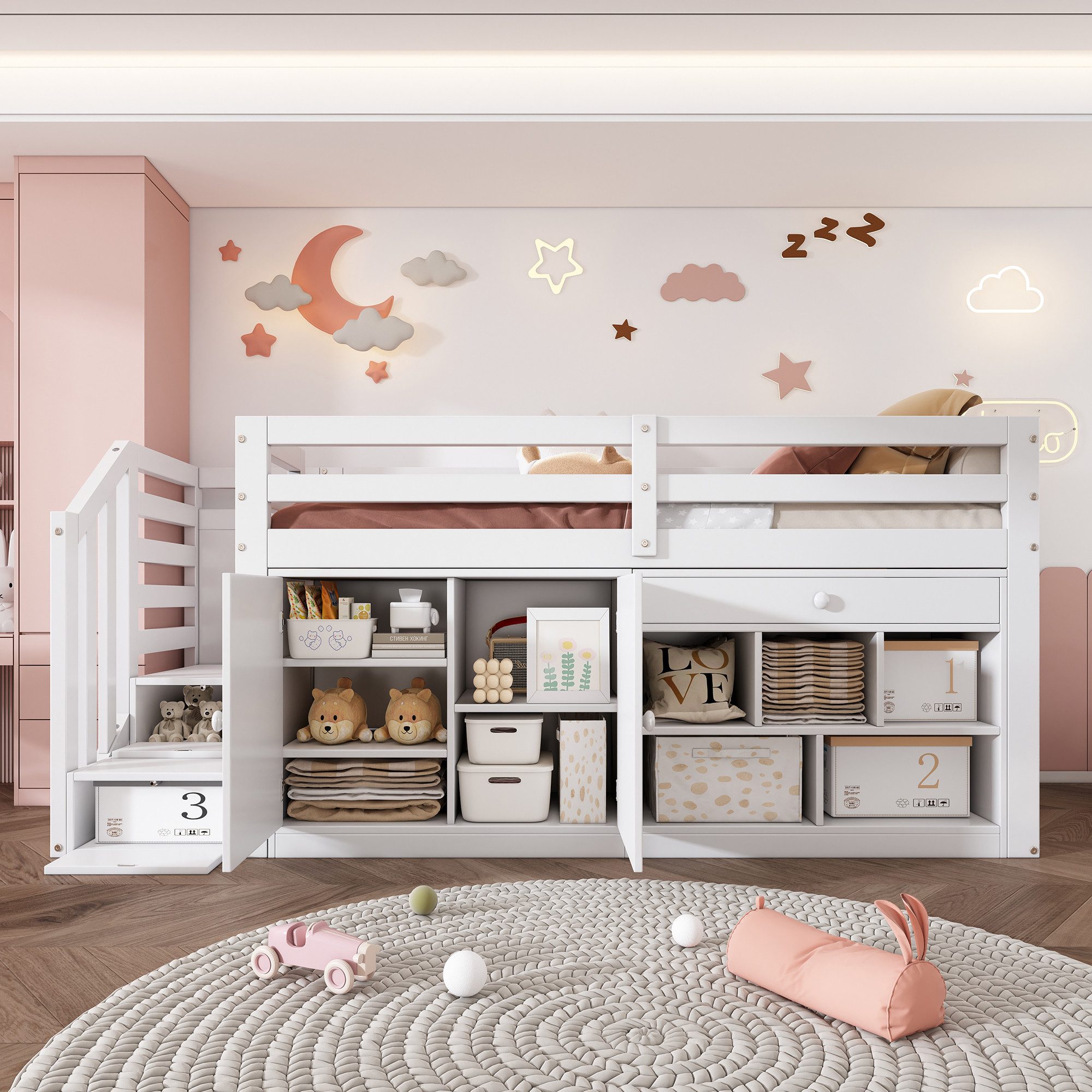 KLAM HOME Hochbett Multifunktionales Kinderbett aus Holz mit Treppe und Stauraum 90*200 Treppen/Schränke links und rechts austauschbar, weiß