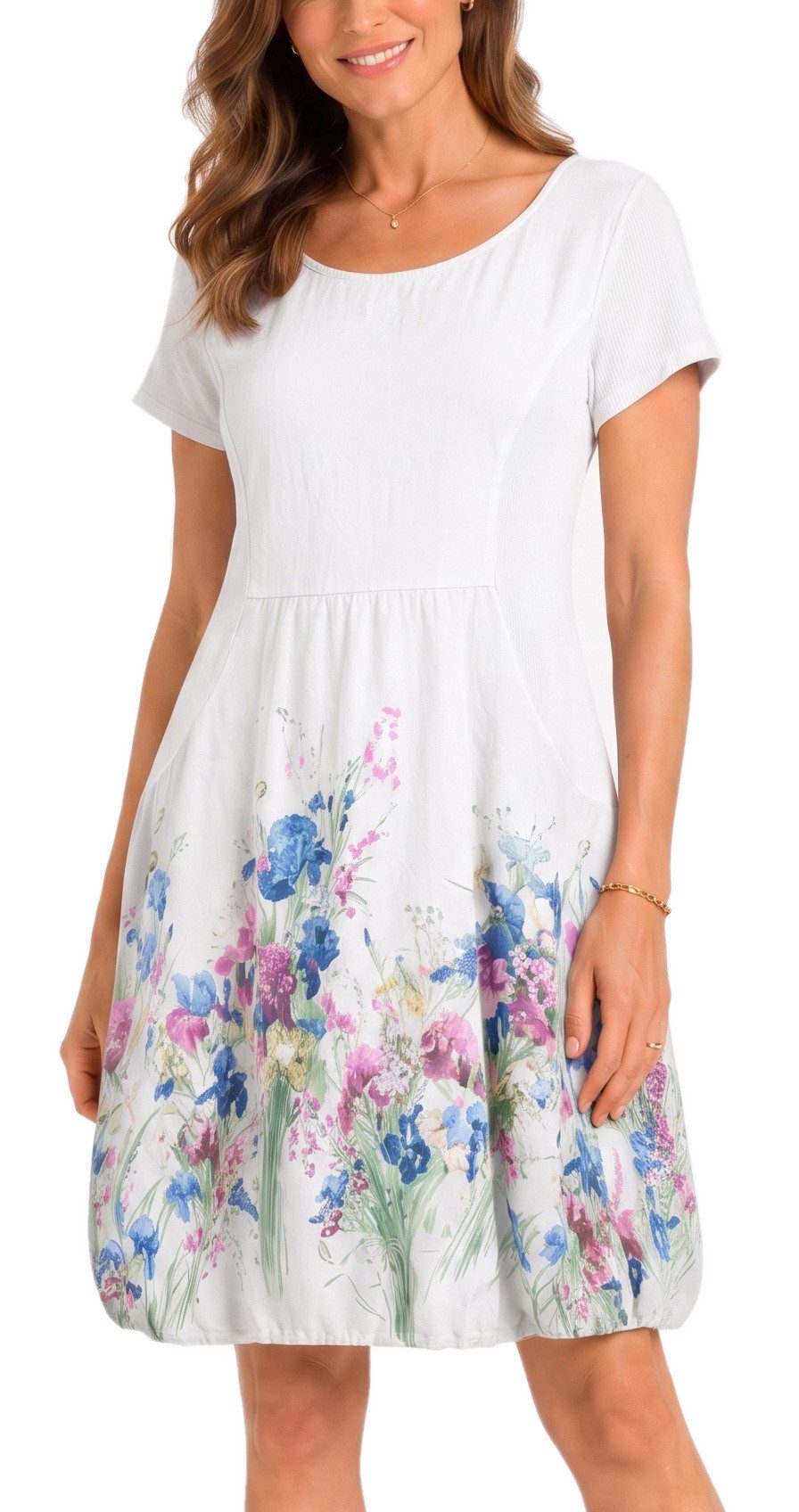 dy_mode Midikleid Damen Sommerkleid mit Blumenmuster Ballonkleid kurzarm Kurzarmkleid Leicht tailliert, 95 cm lang, Blumen-Print