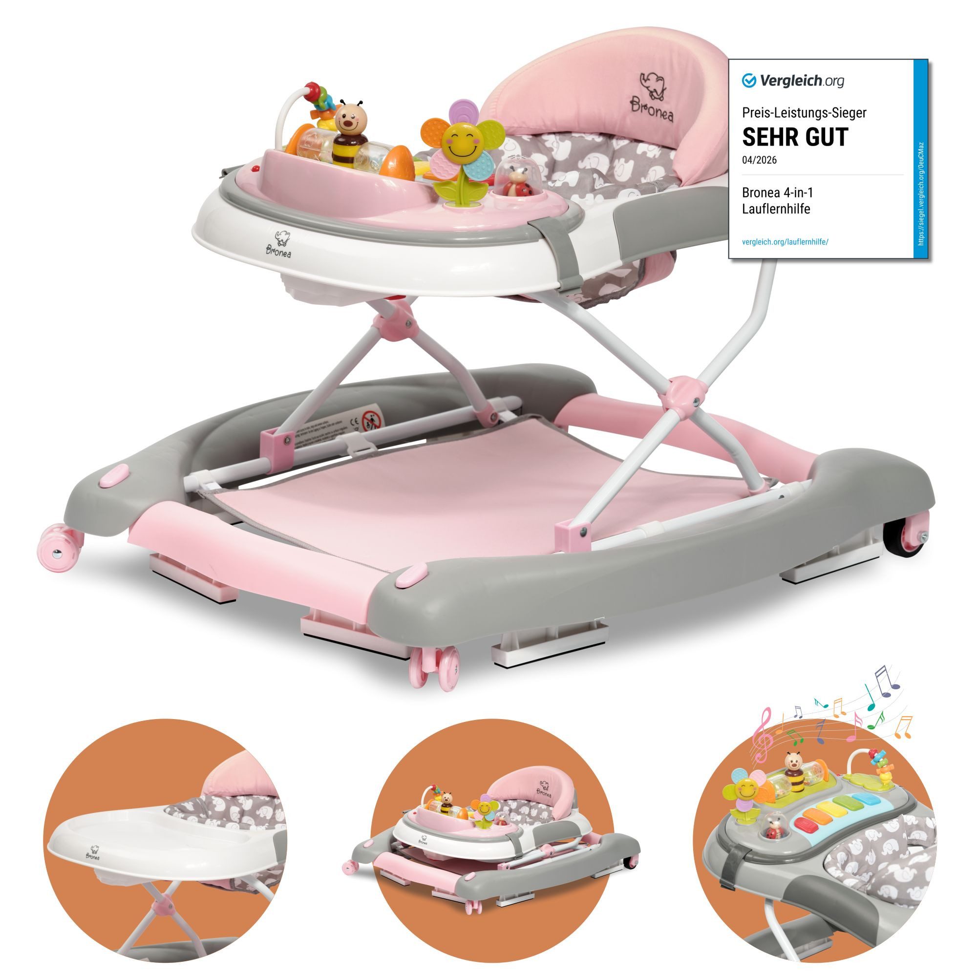 Bronea Lauflernhilfe 4in1 Gehfrei Baby Lauflernwagen Schaukel Lauflernhilfe Babywalker Rosa, Im nu - auf Knopfdruck - zum Schaukel, Widerstand Reifen einstellbar