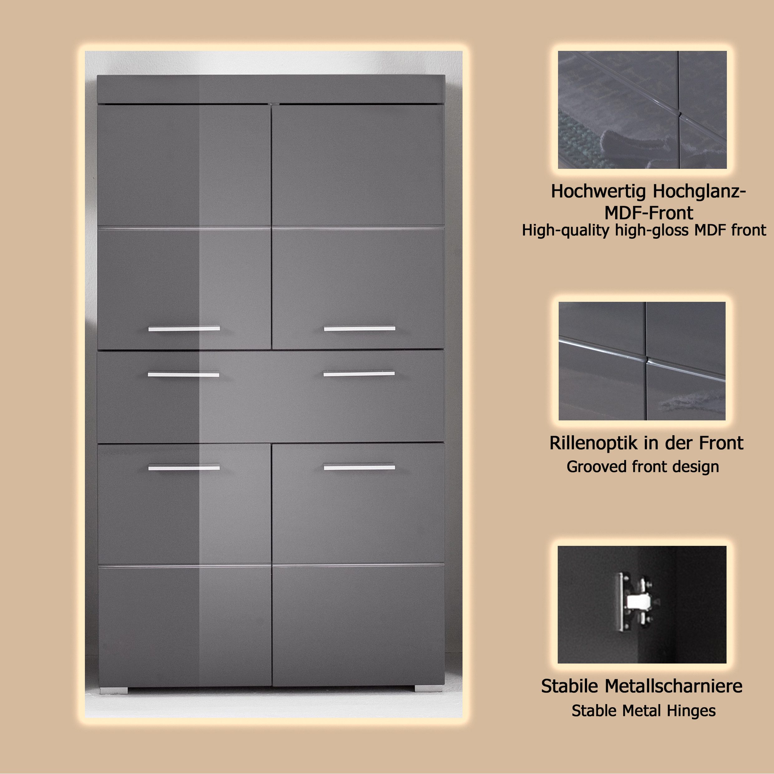 welltime Midischrank Avena Standschrank mit 4 Türen, 1 Schublade - (B/T/H) 73/31/130 cm