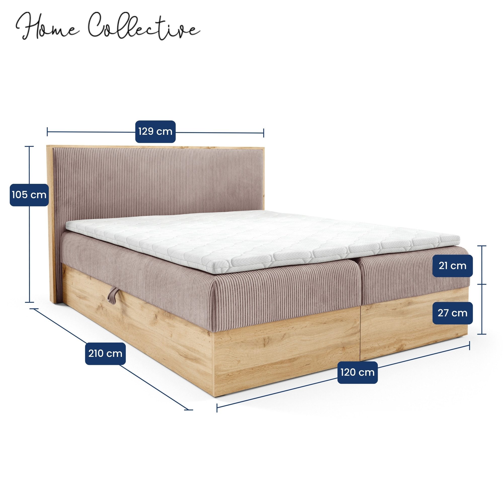 Home Collective Boxspringbett Bett Doppelbett mit Bettkasten Polsterbett Holzoptik Eiche (Größen 120x200, 140x200, 160x200, 180x200, 200x200 cm), Bonell-Federkern und Topper, weicher Kordstoff Altrosa