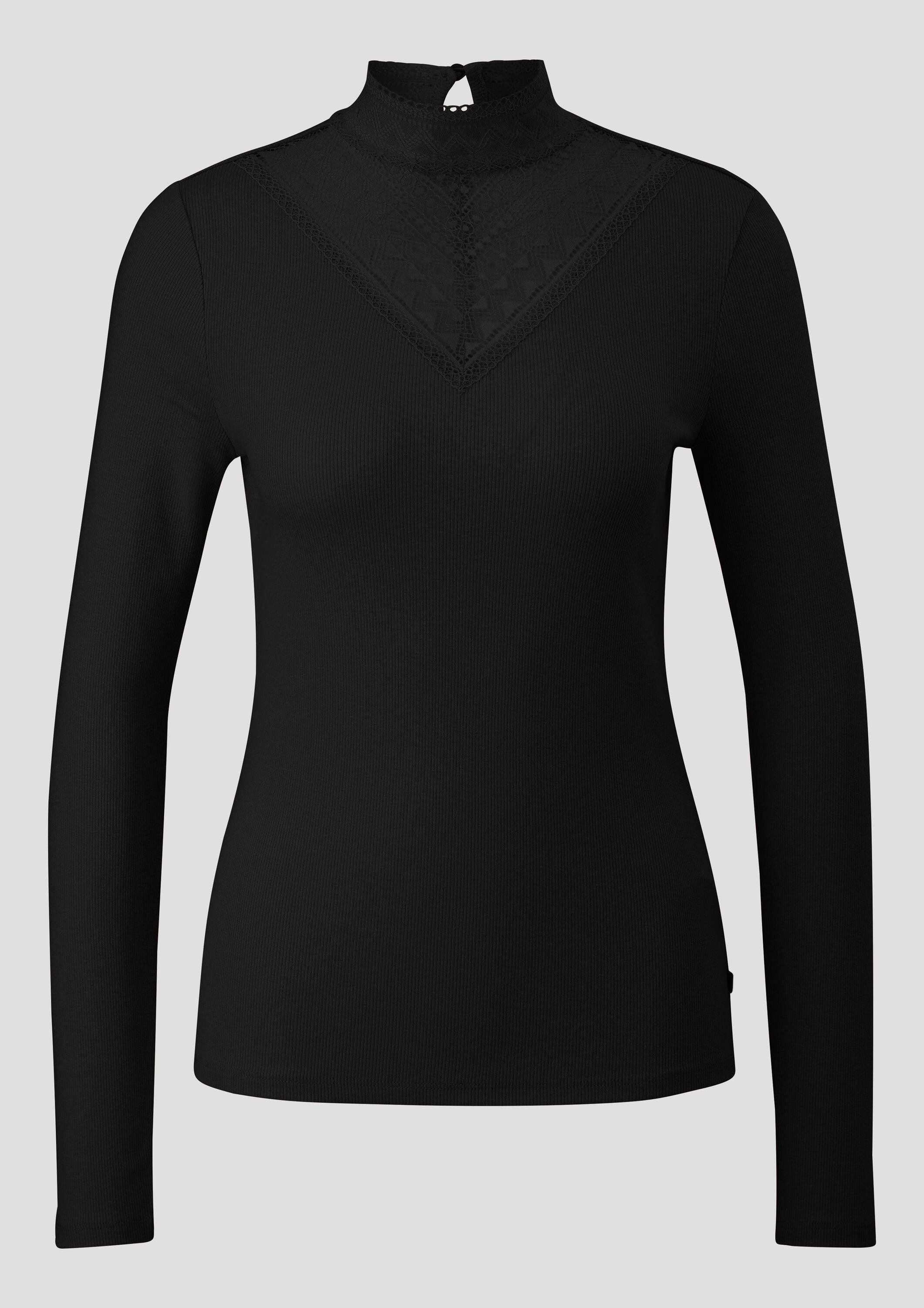 QS Langarmshirt T-Shirt Rippshirt mit Spitzeneinsatz und Stehkragen