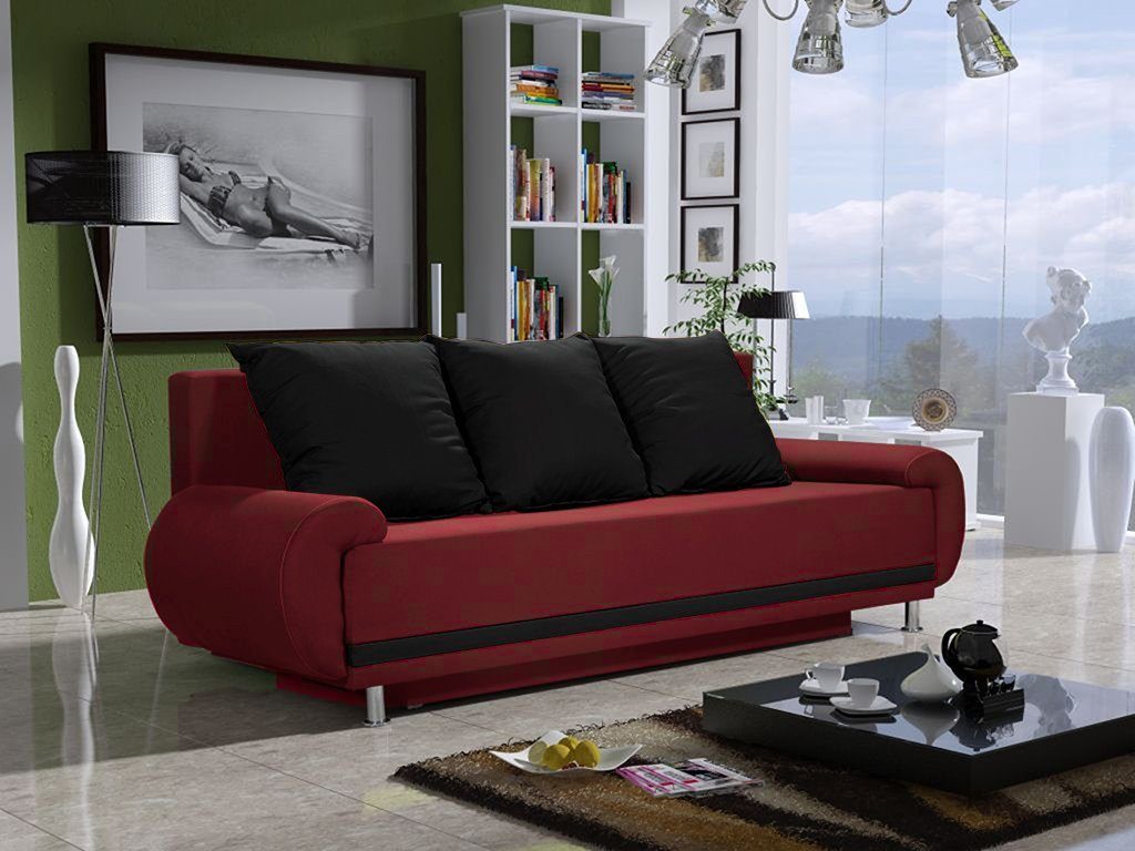 Fun Möbel Schlaffunktion, Bettkasten inkl. mit Rückenkissen, Rot-Schwarz MIKA Sofa Designersofa 3 Schlafsofa 3-Sitzer mit