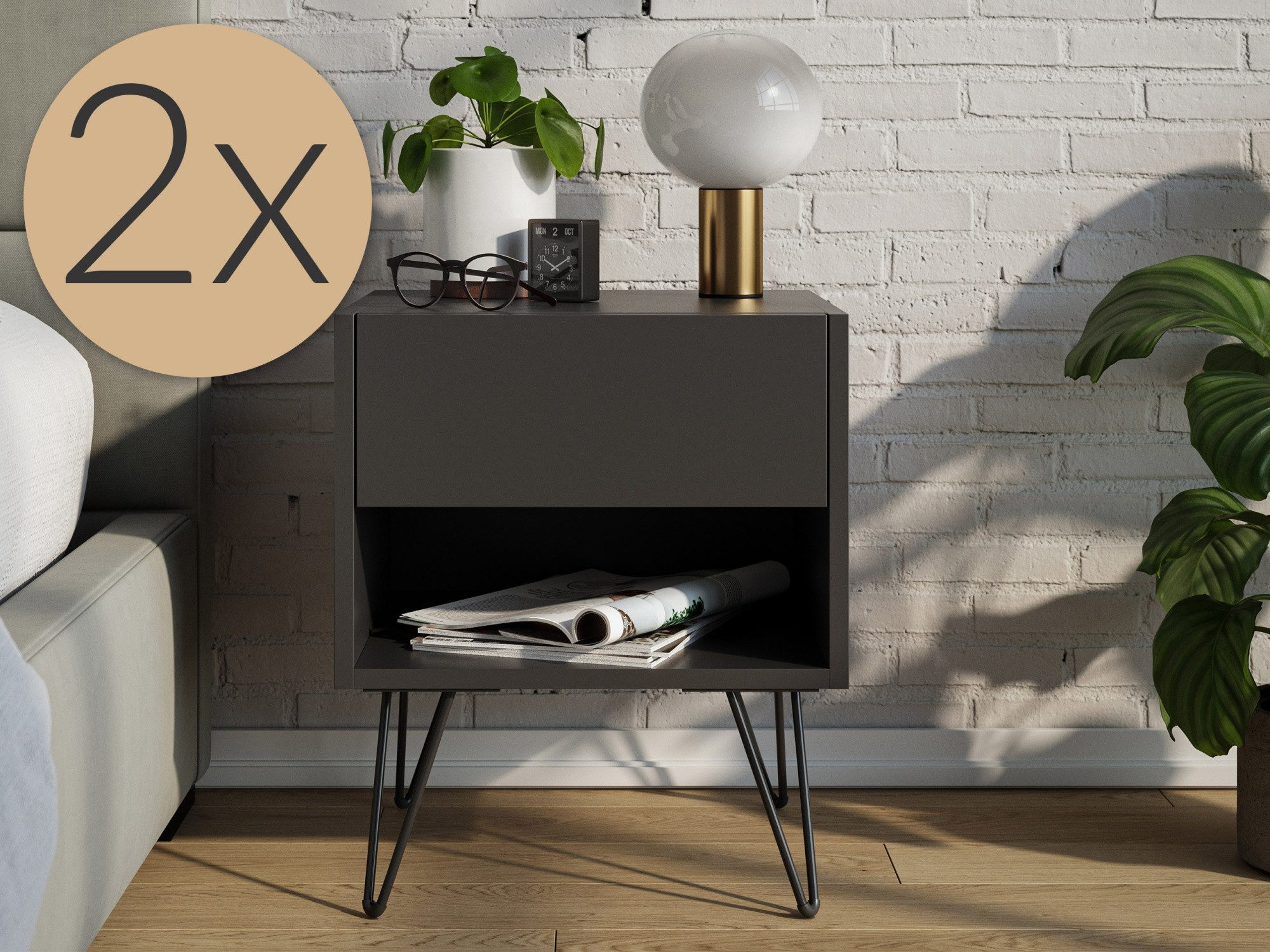 Magnolia Home Nachttisch 2er Set Nachttisch Dion 40cm SoftClose stehend Grafit Softtouch