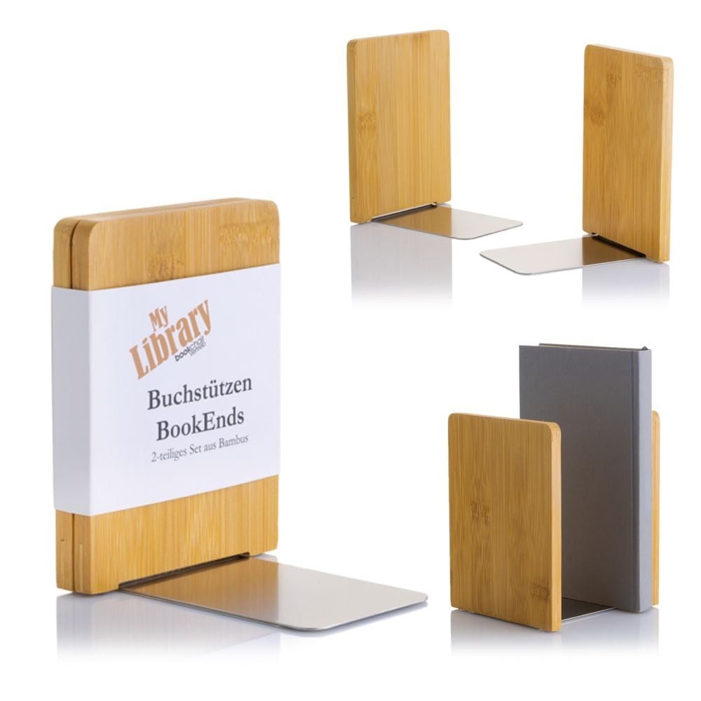 bookchair Vertrieb Teller-Set MyLibrary Buchstützen 2er-Set – Holz & Edelstahl 2 Buchstützen aus Bam