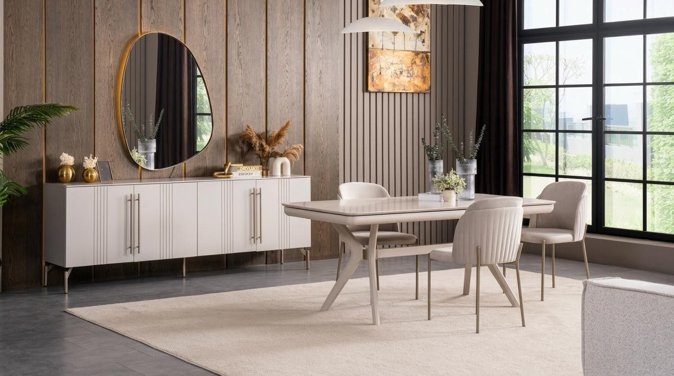 Xlmoebel Esszimmer-Set Esstisch 4x Stühle Konsole Spiegel modern weiß rechteckig Esszimmer, (7-St., 1x Tisch, 4x Stühle, 1x Konsole, 1x Spiegel)