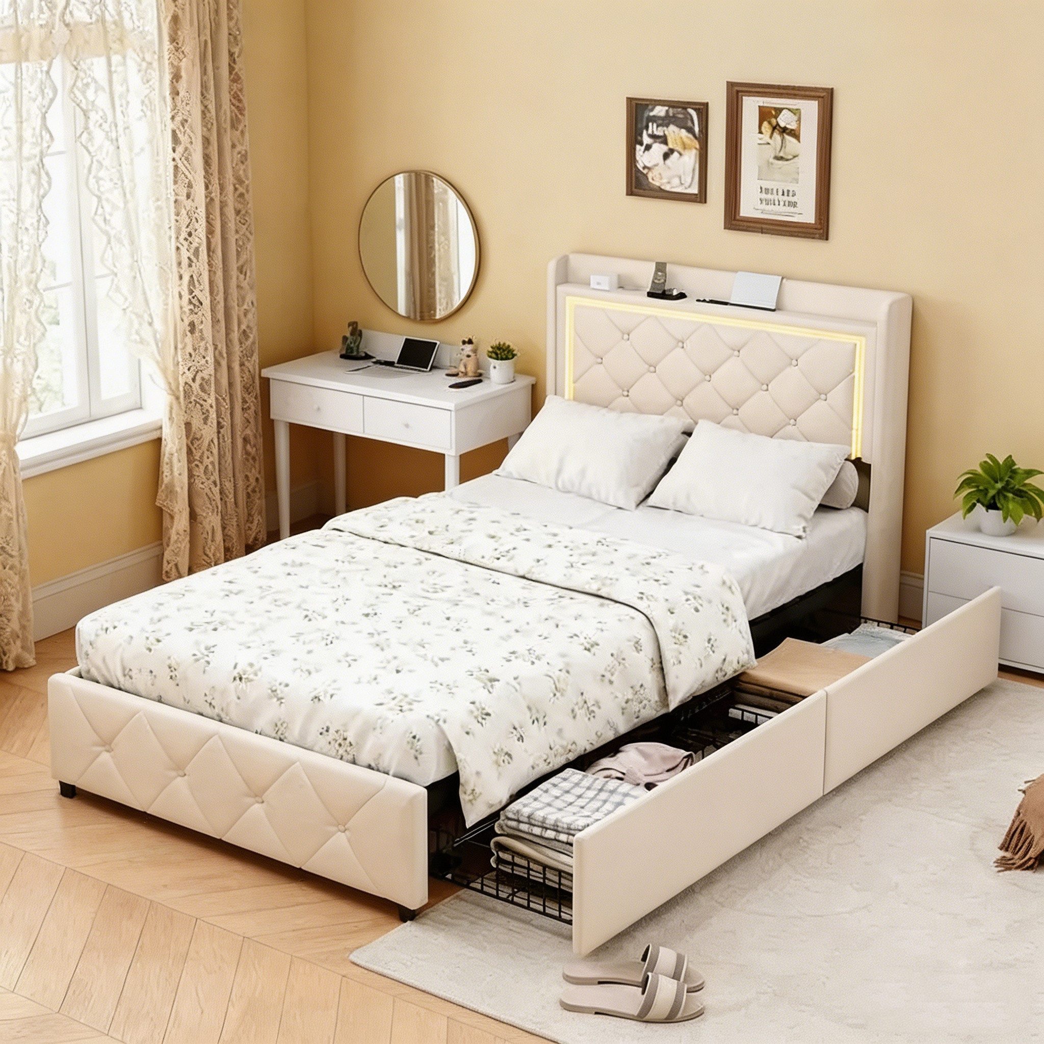Simurq Polsterbett Einzelbett 90x200 mit 2 Schubladen, Jugendbett, Gästebett, Bettgestell, Mit LED und Ladeanschluss, Mit Lattenrost – Bild 5 von 5