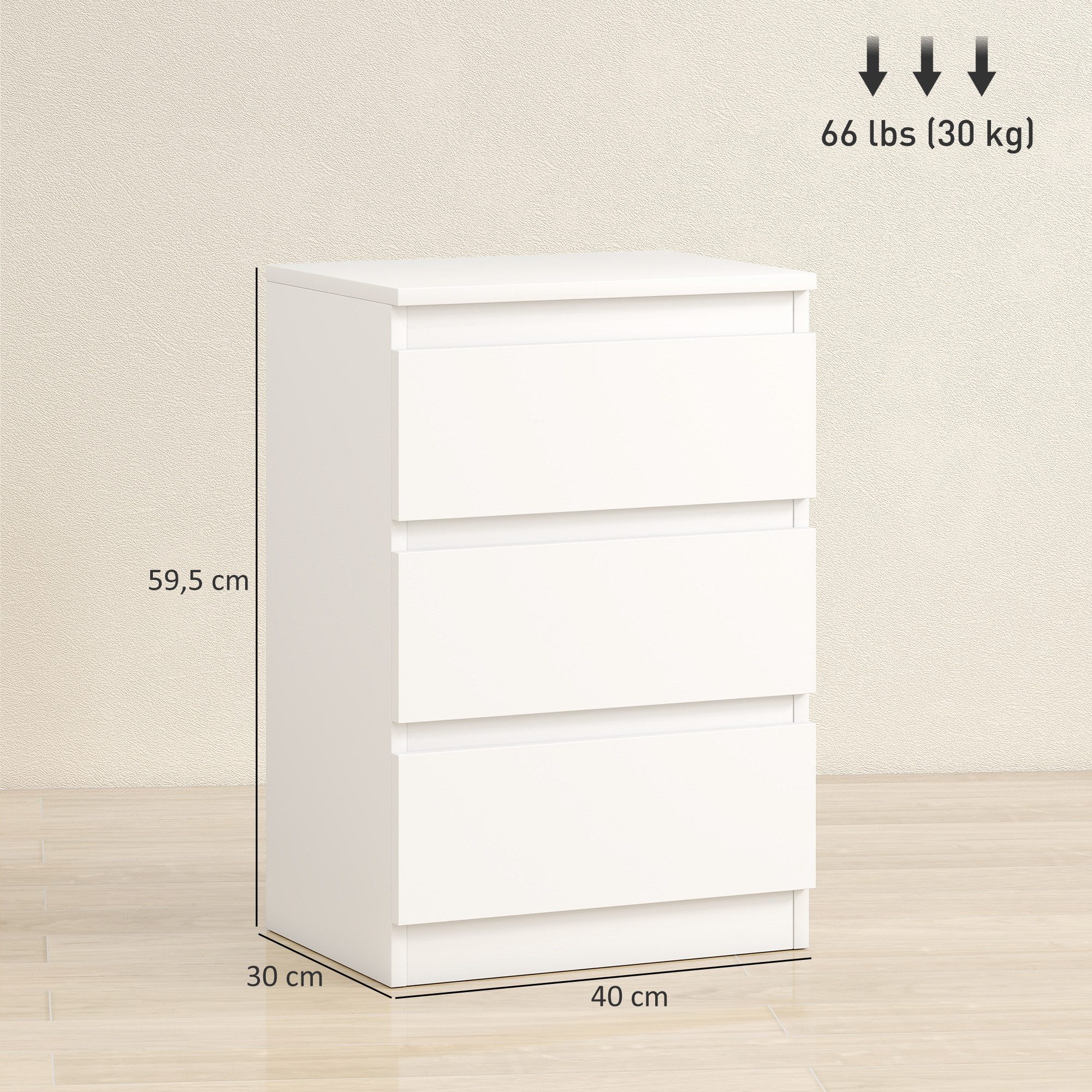 HOMCOM Nachttisch griffloses Design (Beistelltisch mit 3 Schubladen, 2-St., Nachtschrank), für Schlafzimmer, Wohnzimmer, 40 x 30 x 59,5 cm, Weiß