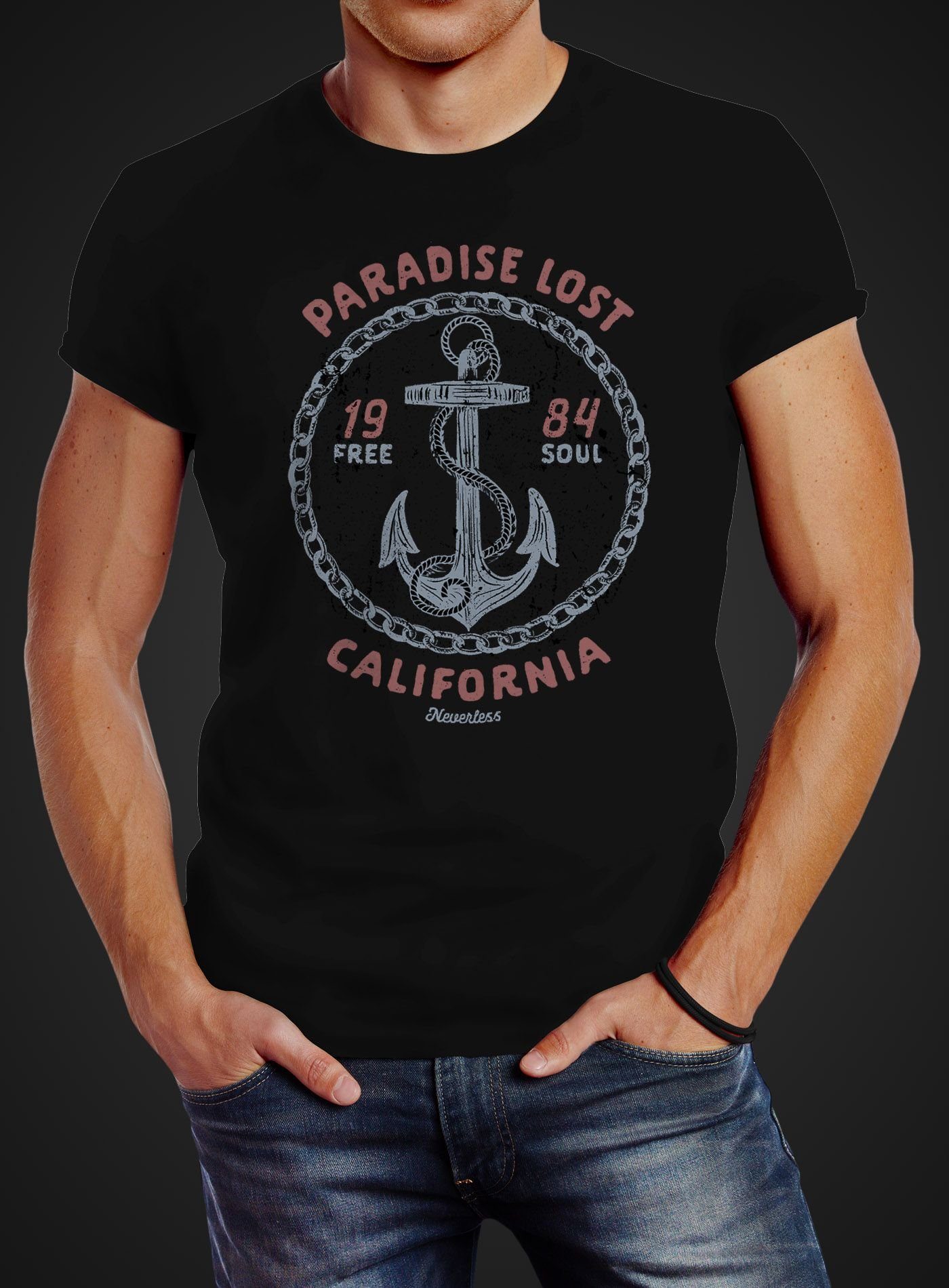 Paradise Herren Schriftzug maritim Fashion Motiv Neverless Print T-Shirt Neverless® Anker California mit Streetstyle Print-Shirt lost