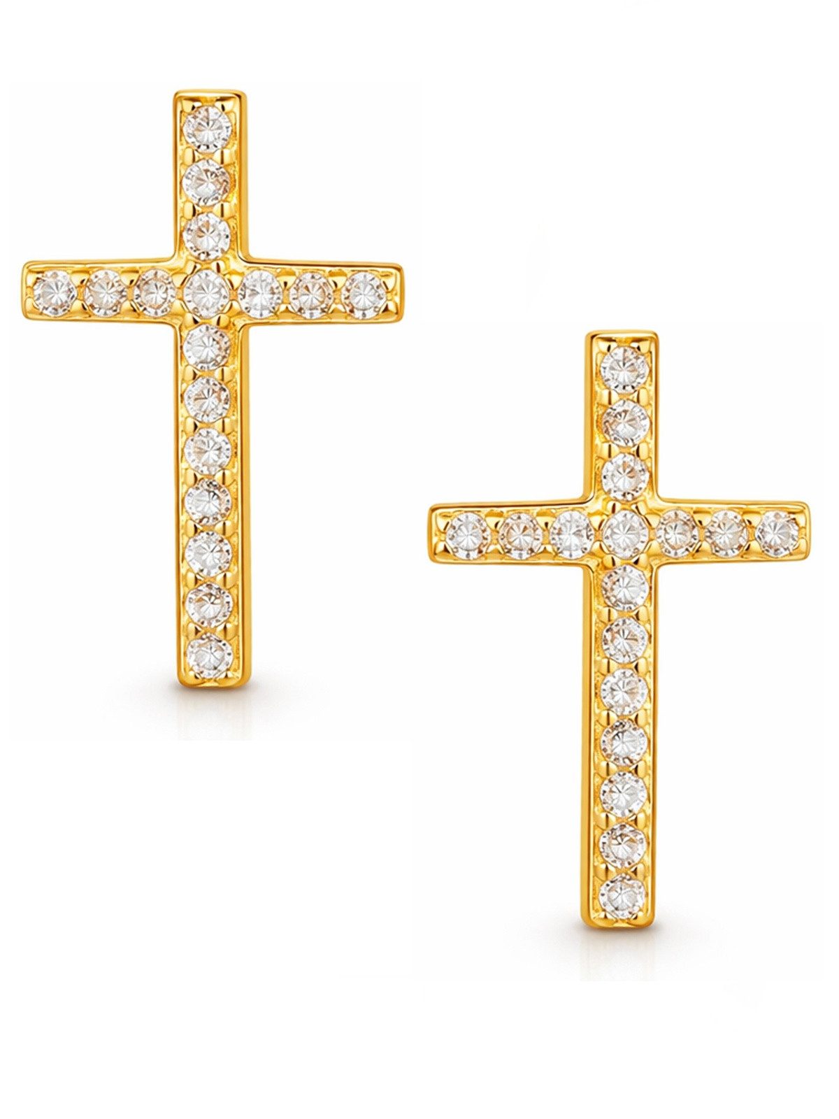 Goldene Hufeisen Paar Ohrstecker Ohrringe Gold Kreuz 18k Gelbgold vergoldet Zirkonia Damen Herren, 925 Sterling Silber Goldschmuck für Damen