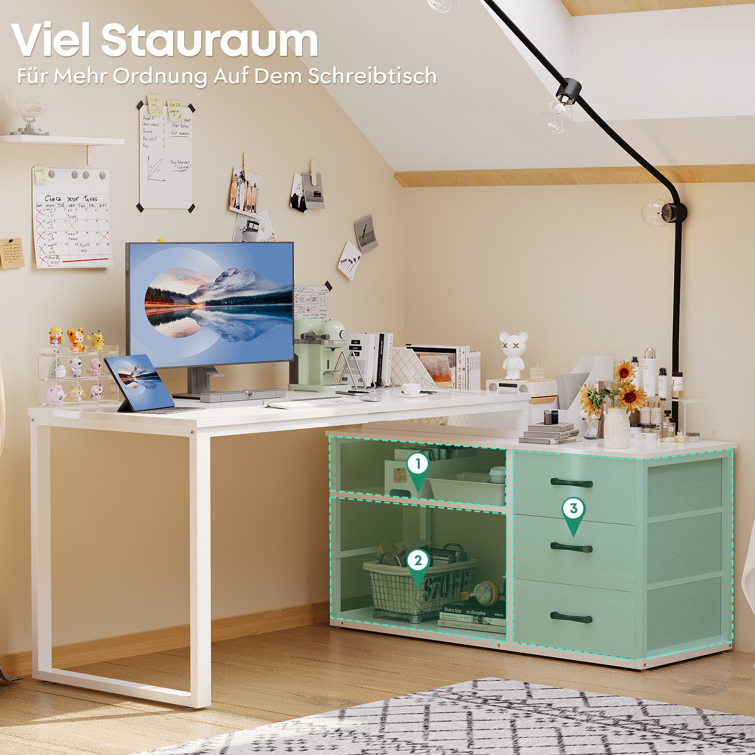 HOMALL Schreibtisch L-förmiger Eckschreibtisch mit USB-Anschluss und zwei Steckdosen. (Abmessungen: 140 x 105 x 75 cm, L-förmiger Schreibtisch Gamingtisch, umwa – Bild 5 von 5