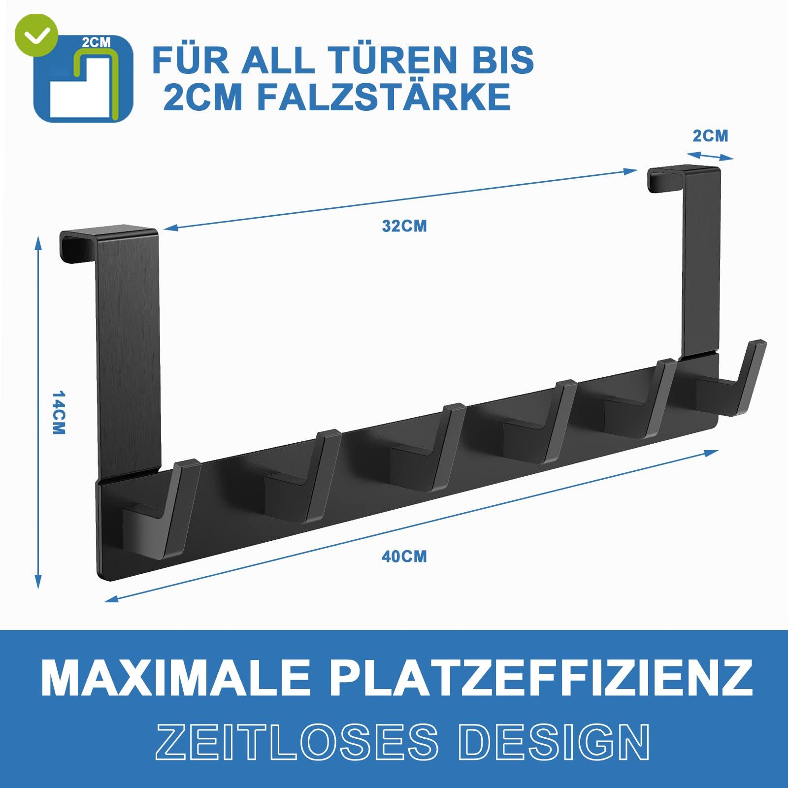 FOUORTUNATE-BEE Türhaken Türgarderobe zum Einhängen mit 6 Haken, für Flur, Bad und Küche, Tür, Schlafzimmer, (Kleiderhaken Tür für Badezimmer Türhakenleiste Mod – Bild 4 von 5