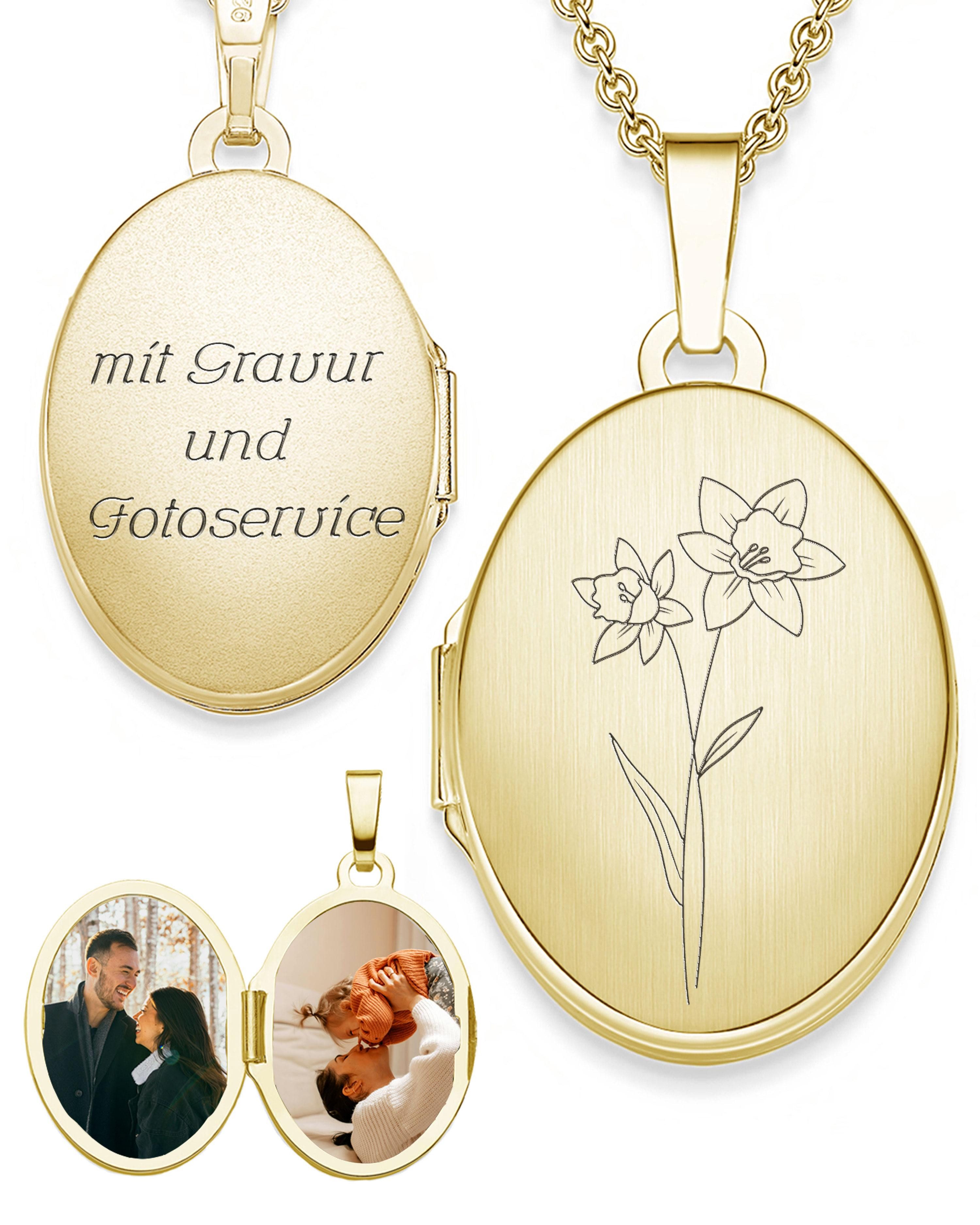 Amoonic Amulett Medaillon Oval Gravur Geburtsblume zum Öffnen für Bilder Silber 925 (inkl. Schmucktäschchen), Anhänger aufklappbar befüllbar Foto Gravur Geburtsblume März