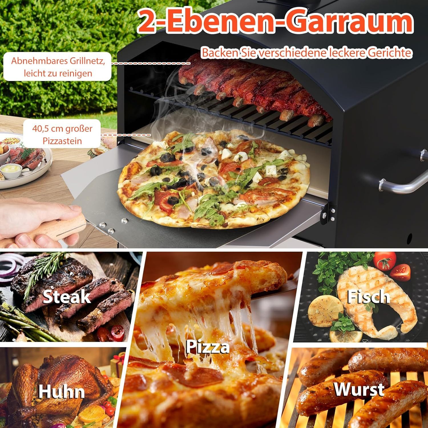 KOMFOTTEU Pizzaofen doppelwandiger Pizza Ofen, mit Pizzaschaufel, Backrost und Pizzastein