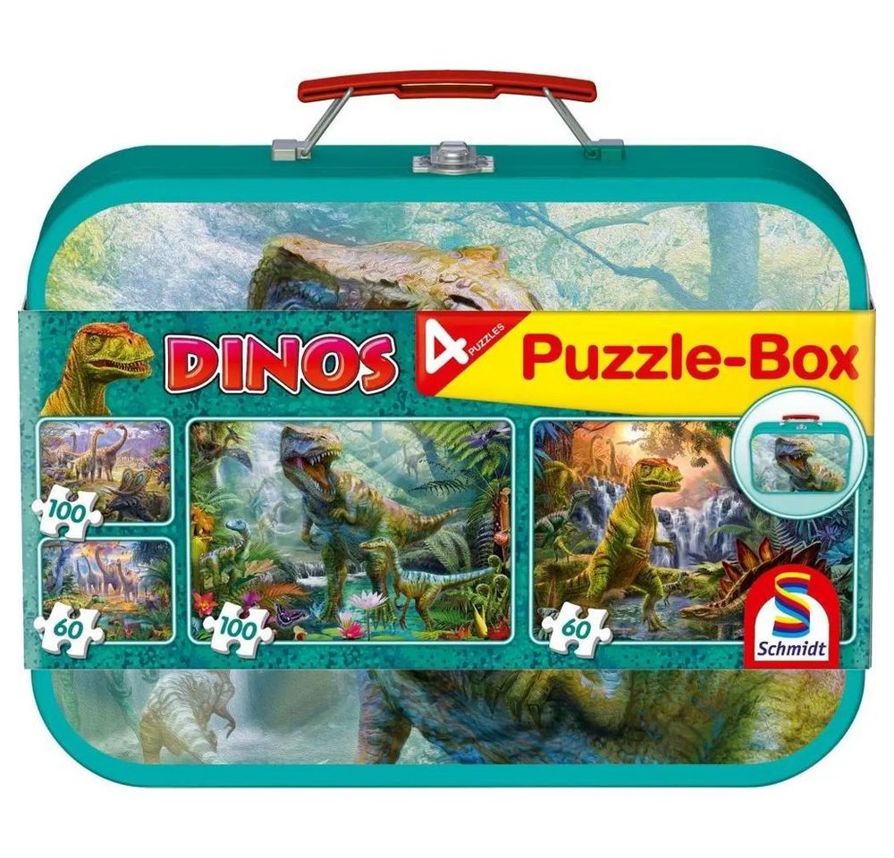 Schmidt Spiele Puzzle Dinos, Puzzle-Box, 2 x 60, 2 x100 Teile im Metallkoffer, 100 Puzzleteile