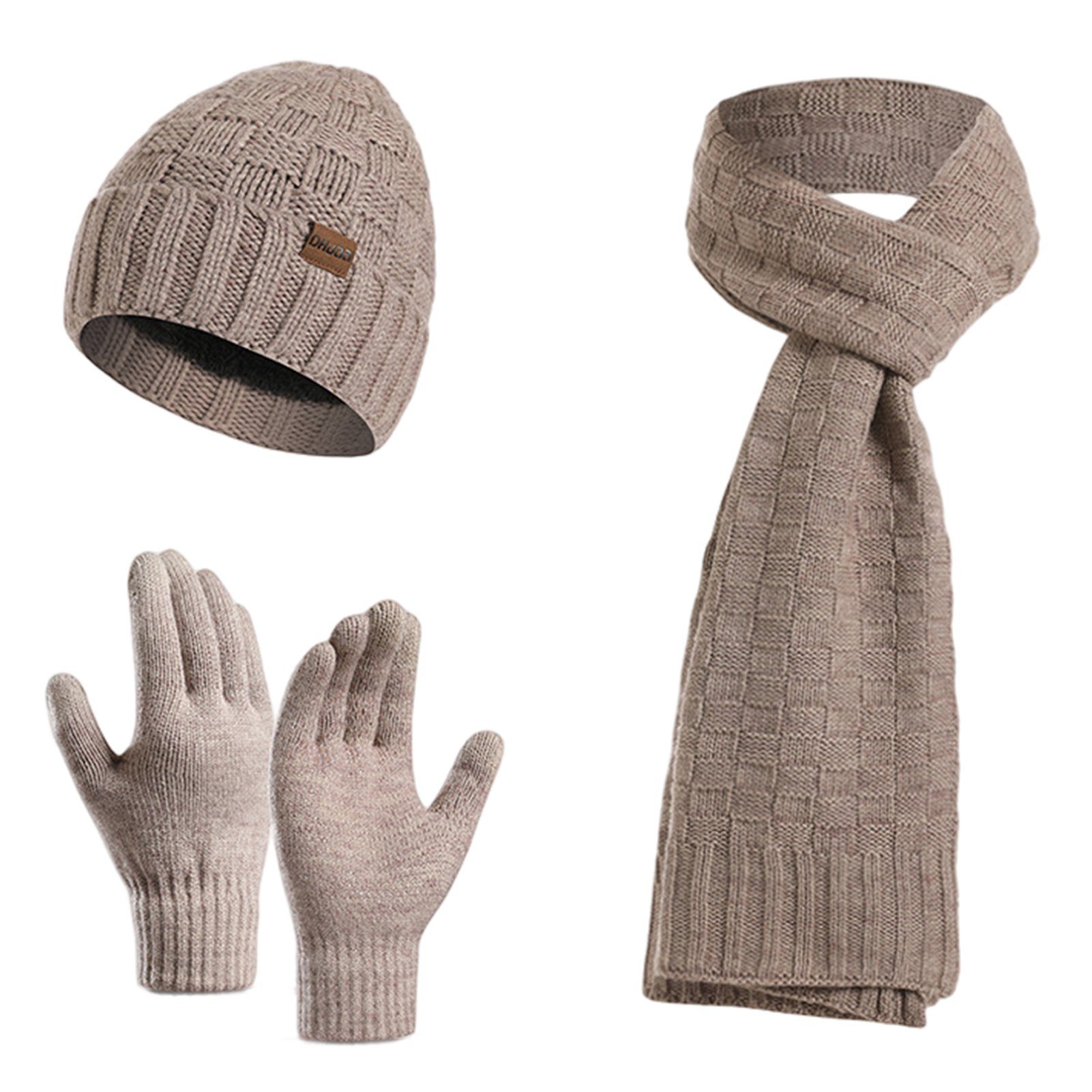 Rutaqian Strickmütze Winter Warm Mütze Schal und Handschuhe Set für Herren und Damen (Dreiteiliges, kältebeständiges, warmes Fleece-Set für den Außenbereich) Khaki