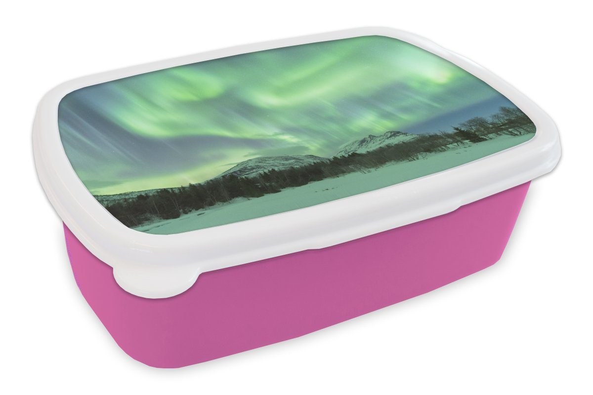 MuchoWow Lunchbox Nordlichter - Schnee - Berg - Norwegen, Kunststoff, (2-tlg), Brotbox für Erwachsene, Brotdose Kinder, Snackbox, Mädchen, Kunststoff rosa