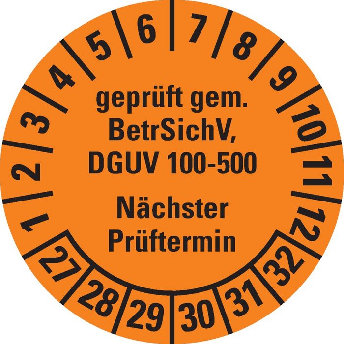Dreifke Hinweisschild Dreifke® Prüfplakette gep.gem.BetrSichV DGUV 100-500 NP 27-32 orange Dokufolie Ø30mm 18 St/Bogen