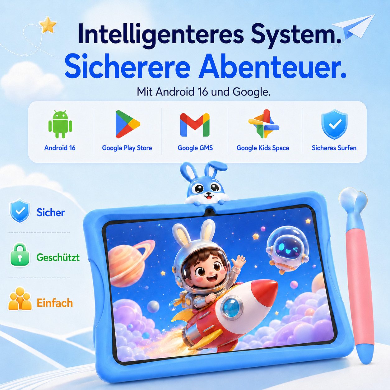 VekfulPC 10.1" 128GB Kids Tablet mit TPU-Schutzhülle/Stift/Smartwatch Tablet (10.1", 128 GB, Android16, 5000 mAh, Kindersicherung, Widevine L1, WiFi 6, Kids Spa – Bild 3 von 5