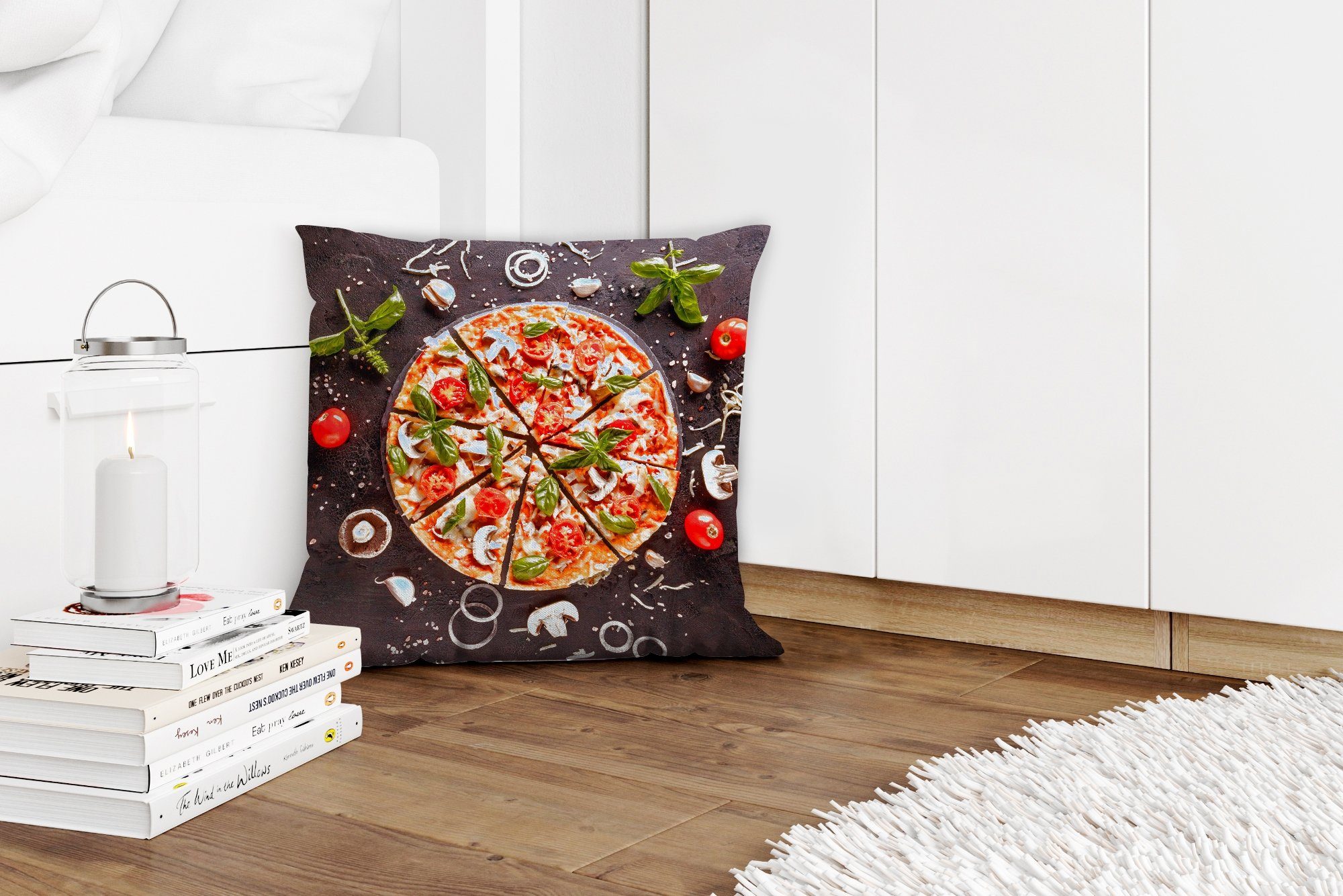 Schlafzimmer, Küche Deko, - Füllung für Gemüse Zierkissen Wohzimmer, Industrie, Kräuter mit - Dekokissen - Sofakissen Pizza - MuchoWow