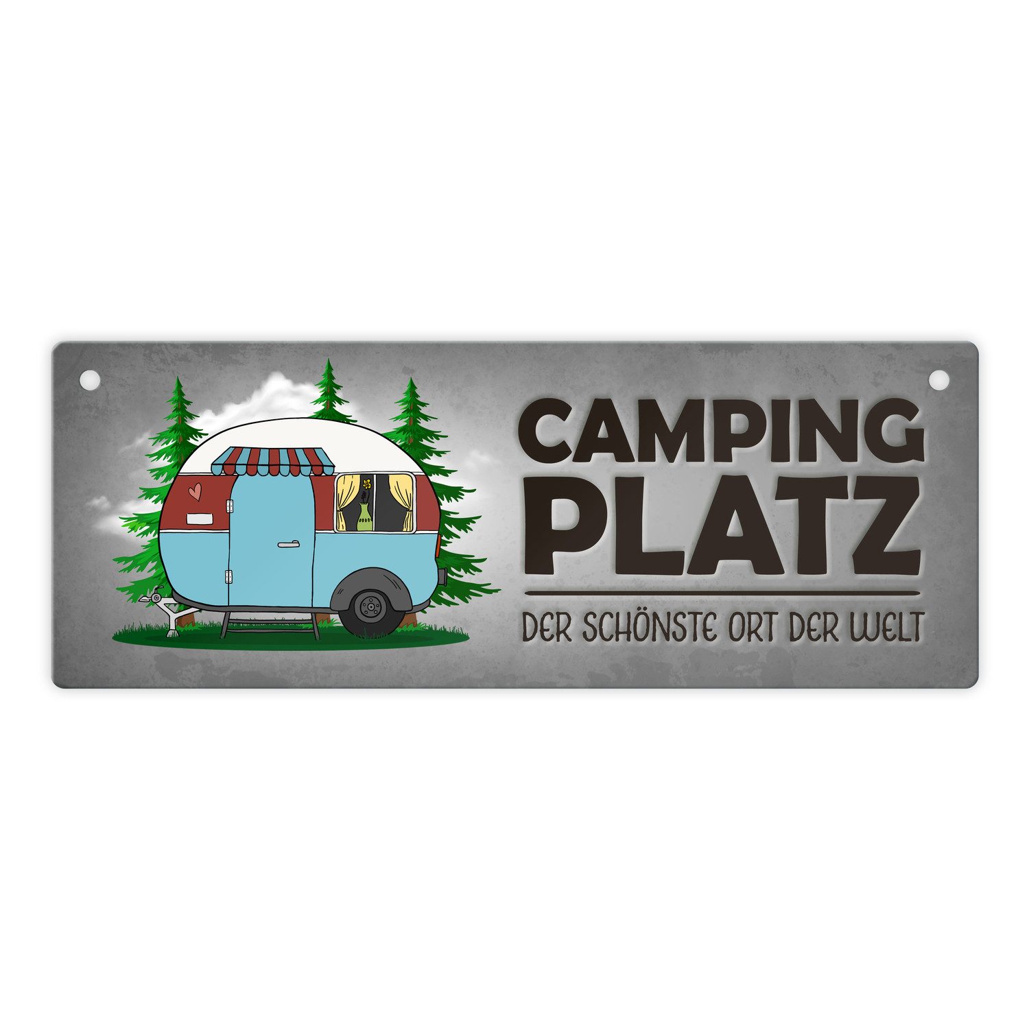 speecheese Metallschild Campingplatz Metallschild in grau mit Wohnwagen Motiv Wohnmobil Hobby