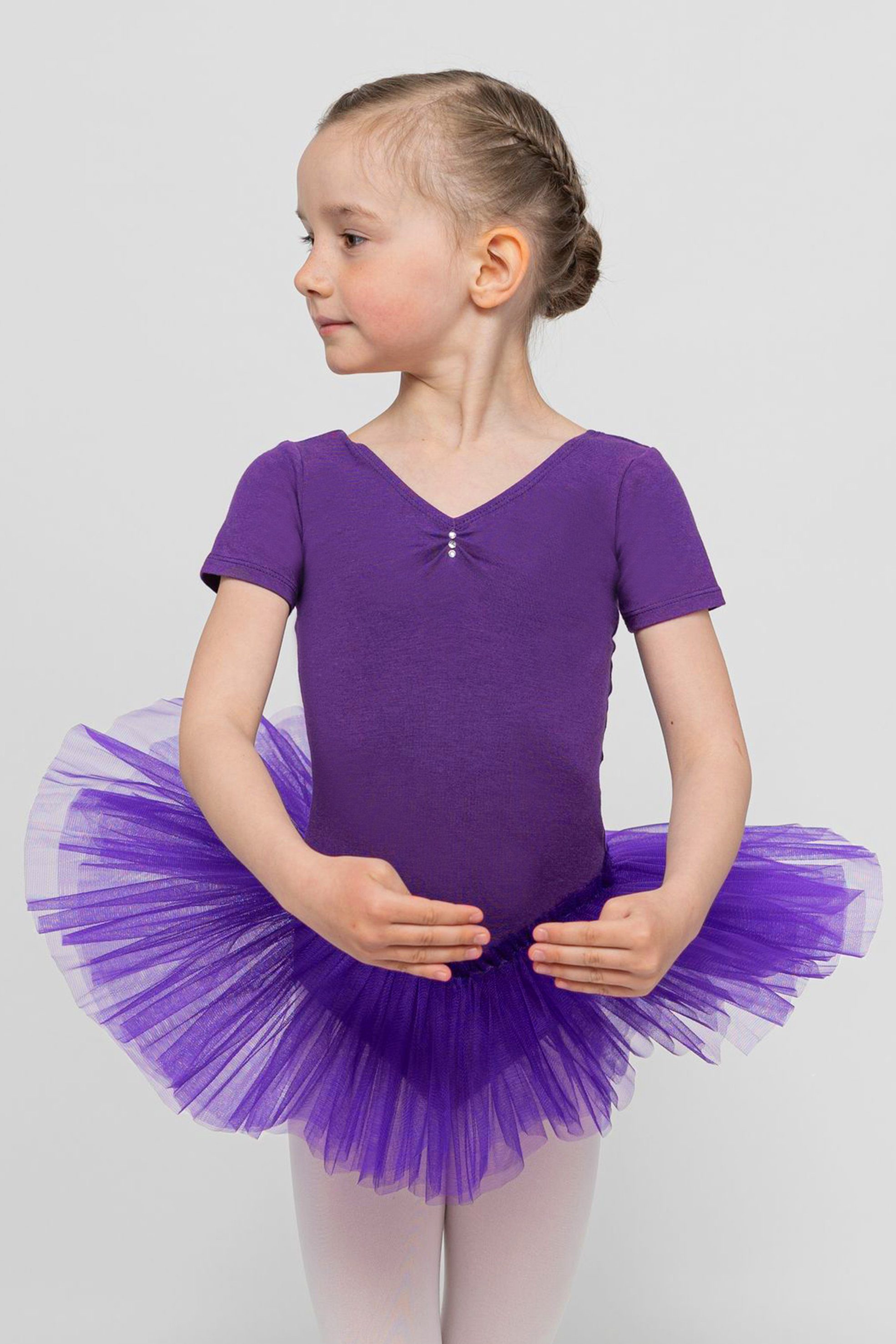 tanzmuster Tüllkleid Ballett Tutu Nele mit Glitzersteinen Kurzarm Ballettkleid aus weicher Baumwolle mit Tüllrock für Mädchen lila