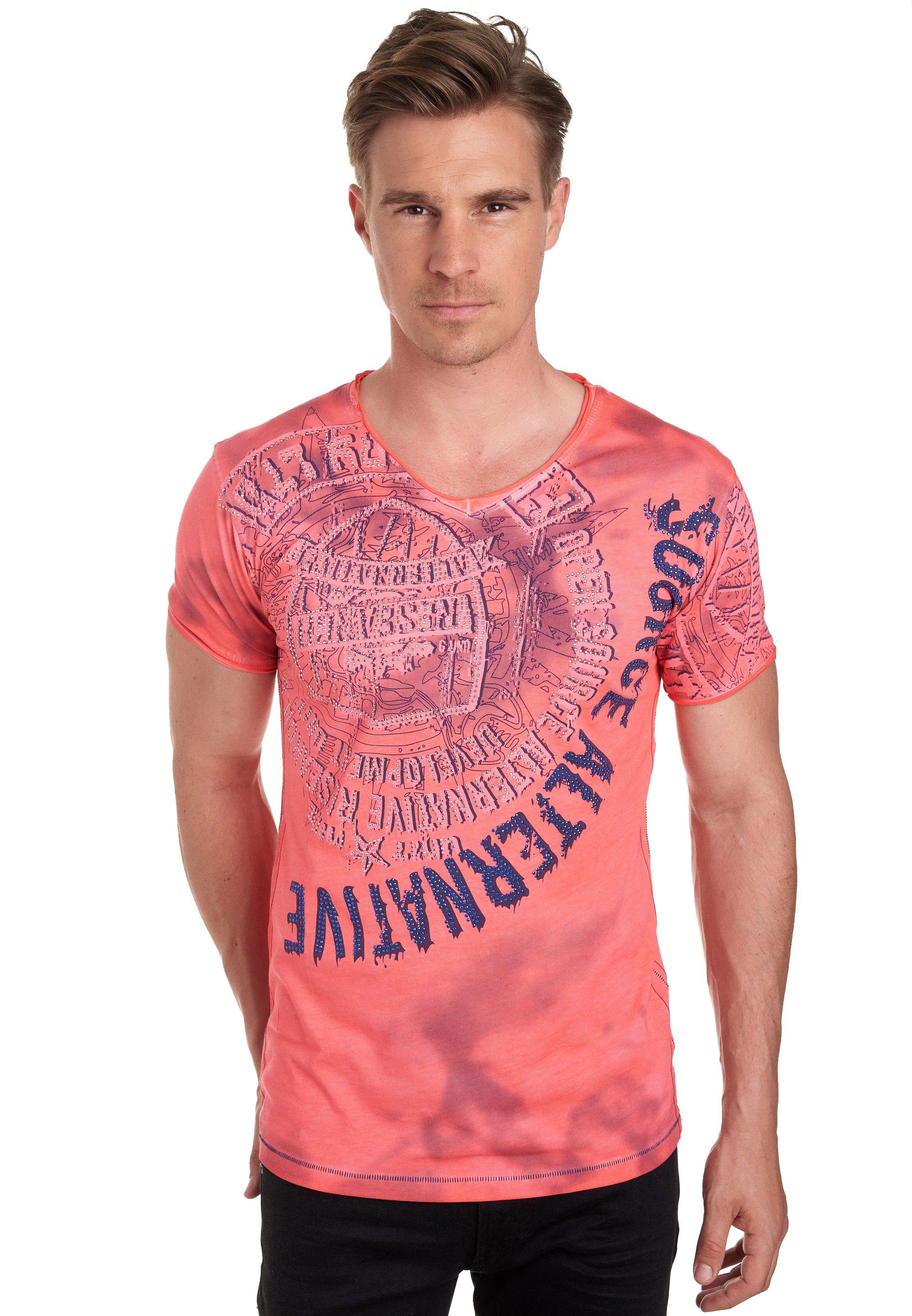 Rusty Neal T-Shirt mit Strasssteinen und Frontprint koralle