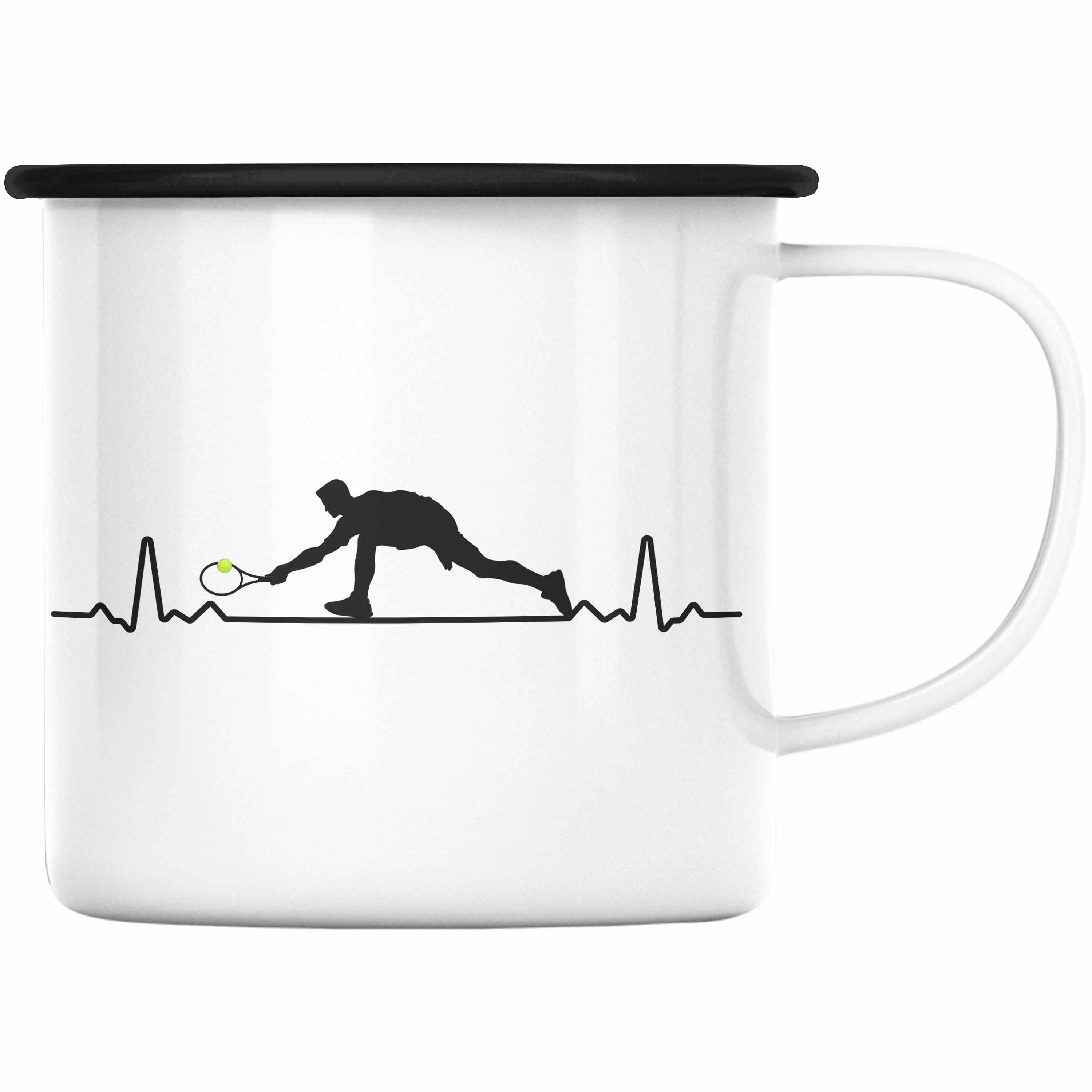 Trendation Thermotasse Trendation - Tennis Geschenk Trainer Schwarz Tasse Geschenkidee Herzschlag Tennisspieler KaffeeEmaille Coach