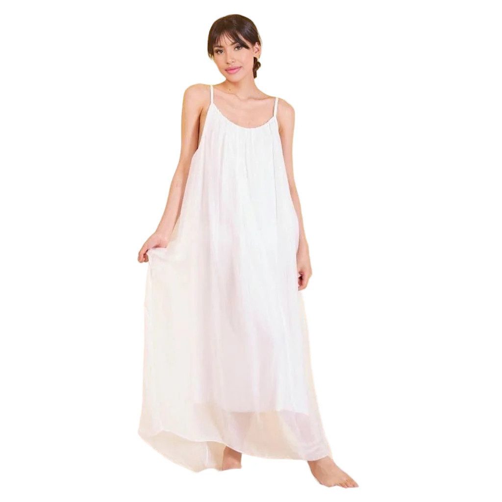 BZNA Sommerkleid Langes Ibiza Boho Style Sommerkleid aus Seidenchiffon Seidenkleid mit Pailletten am Träger