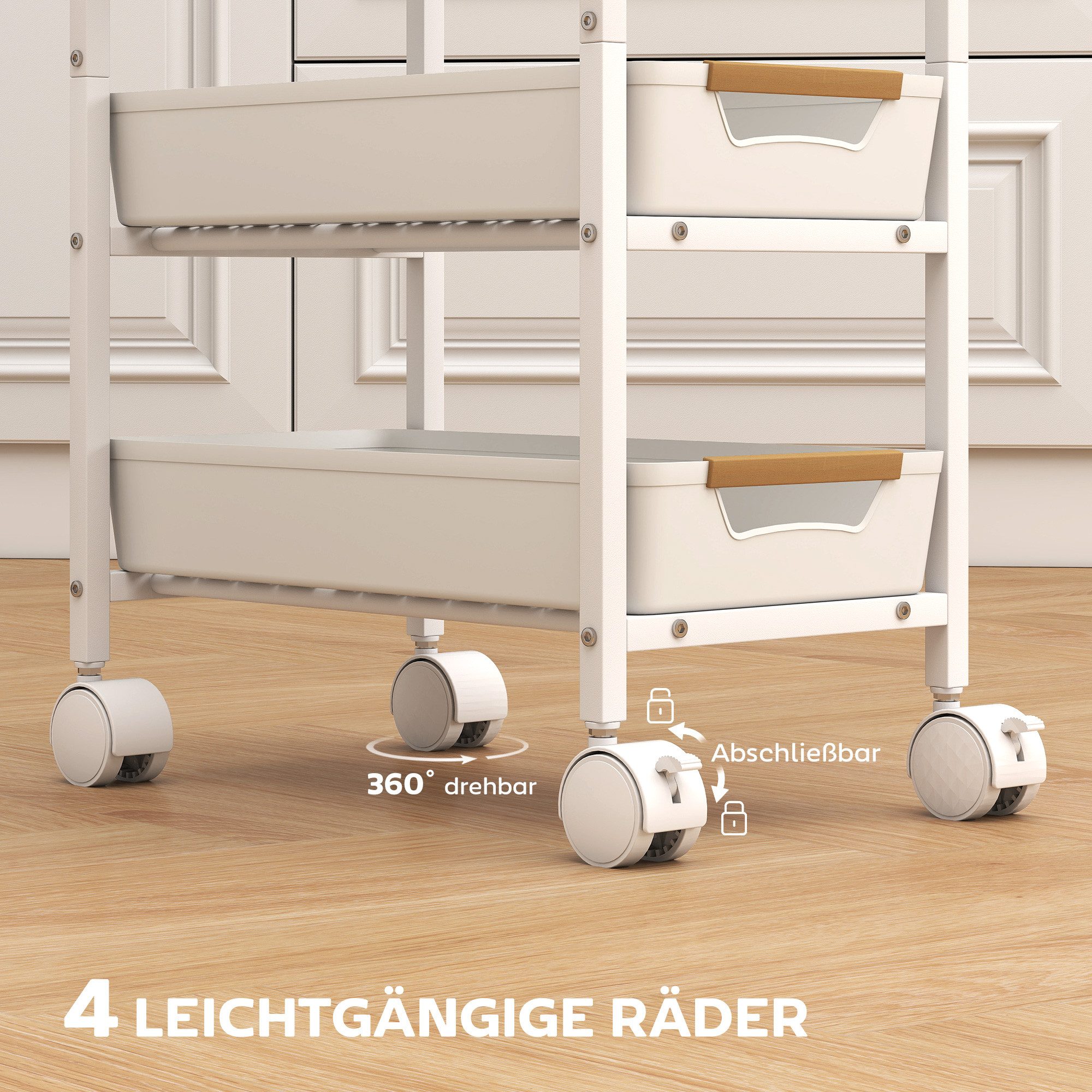 furnicato Servierwagen Küchenwagen 39,5B x 24T x 82H cm in Weiß+Eiche, (1 St), Rollwagen mit 4 Schubladen und Metallrahmen für schmale Nischen – Bild 4 von 5