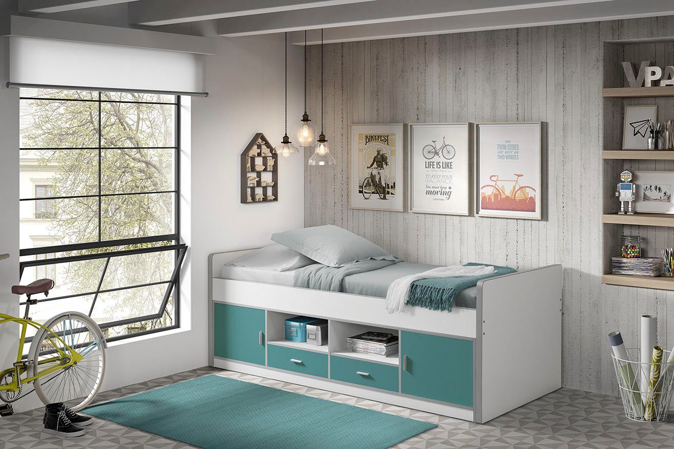 Vipack Einzelbett Bonny, mit Komfort Liegehöhe, Stauraum unter dem Bett, Liegefläche 90x200 cm Weiß/Türkis