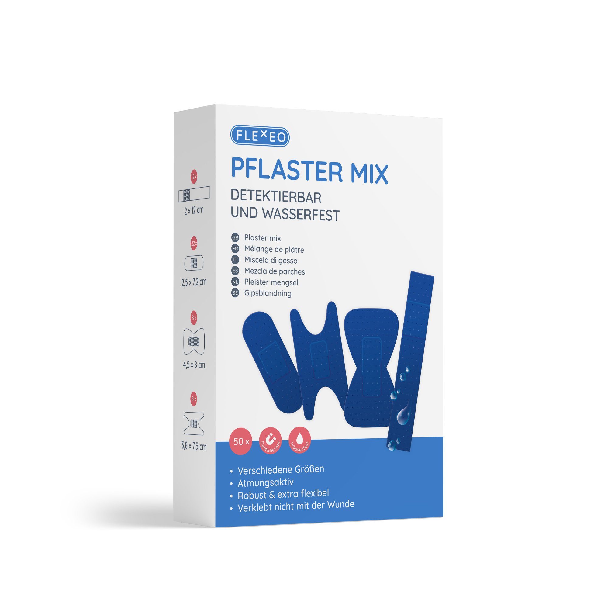 FLEXEO Wundpflaster Pflaster Mix (50 St), Pflastersortiment detektierbar wasserfest blau, 50 Stk