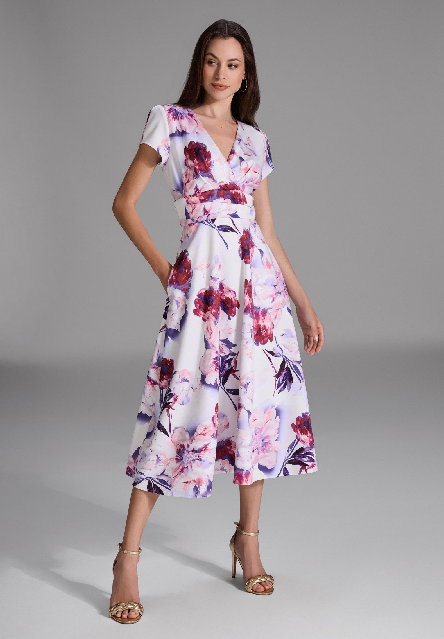 SWING Cocktailkleid - Midi Kleid aus bedrucktem Scuba Taillierter Schnitt mit ausgestelltem Rockteil