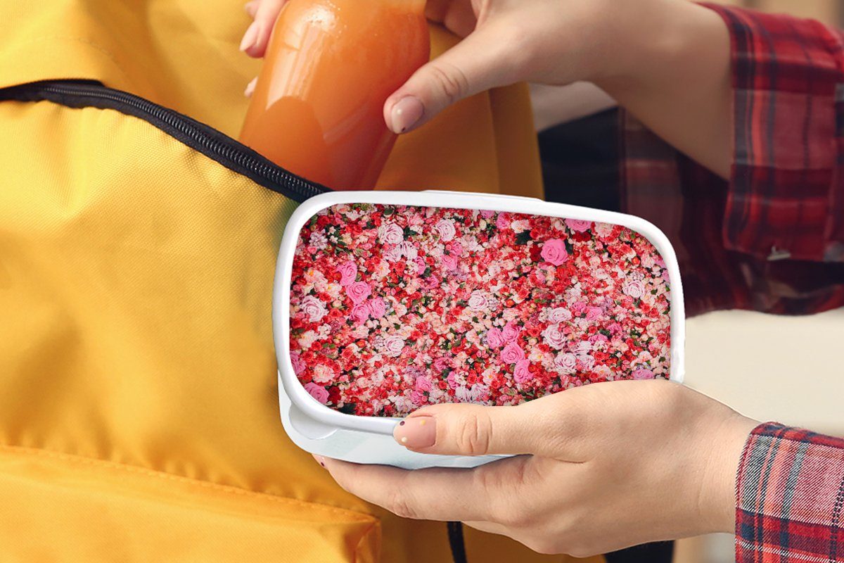 MuchoWow Lunchbox Blumen für weiß Jungs für Farben Rosen, Mädchen Erwachsene, und Kinder - (2-tlg), Kunststoff, Brotdose, Brotbox und 