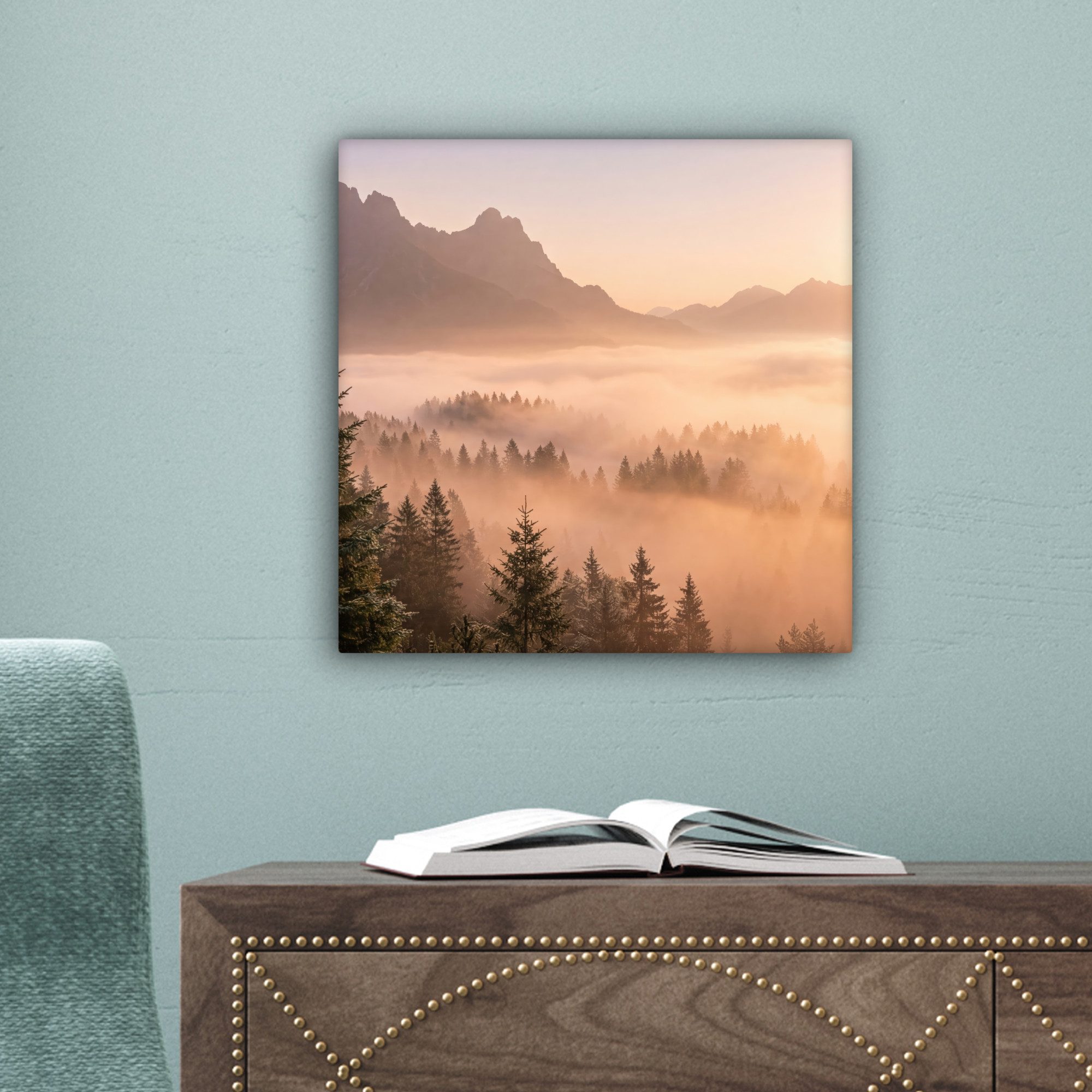 OneMillionCanvasses® Leinwandbild Sonnenlicht - Nebel - Berge - Bäume, Fotodruck (1 St), Wandbild, Deko Schlafzimmer Wohnzimmer Flur 20x20 cm – Bild 4 von 5