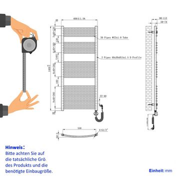 EMKE Elektrischer Badheizkörper Anthrazit 140x60cm 600W, mit Thermostat LCD Display Timing Funktion gebogene Form
