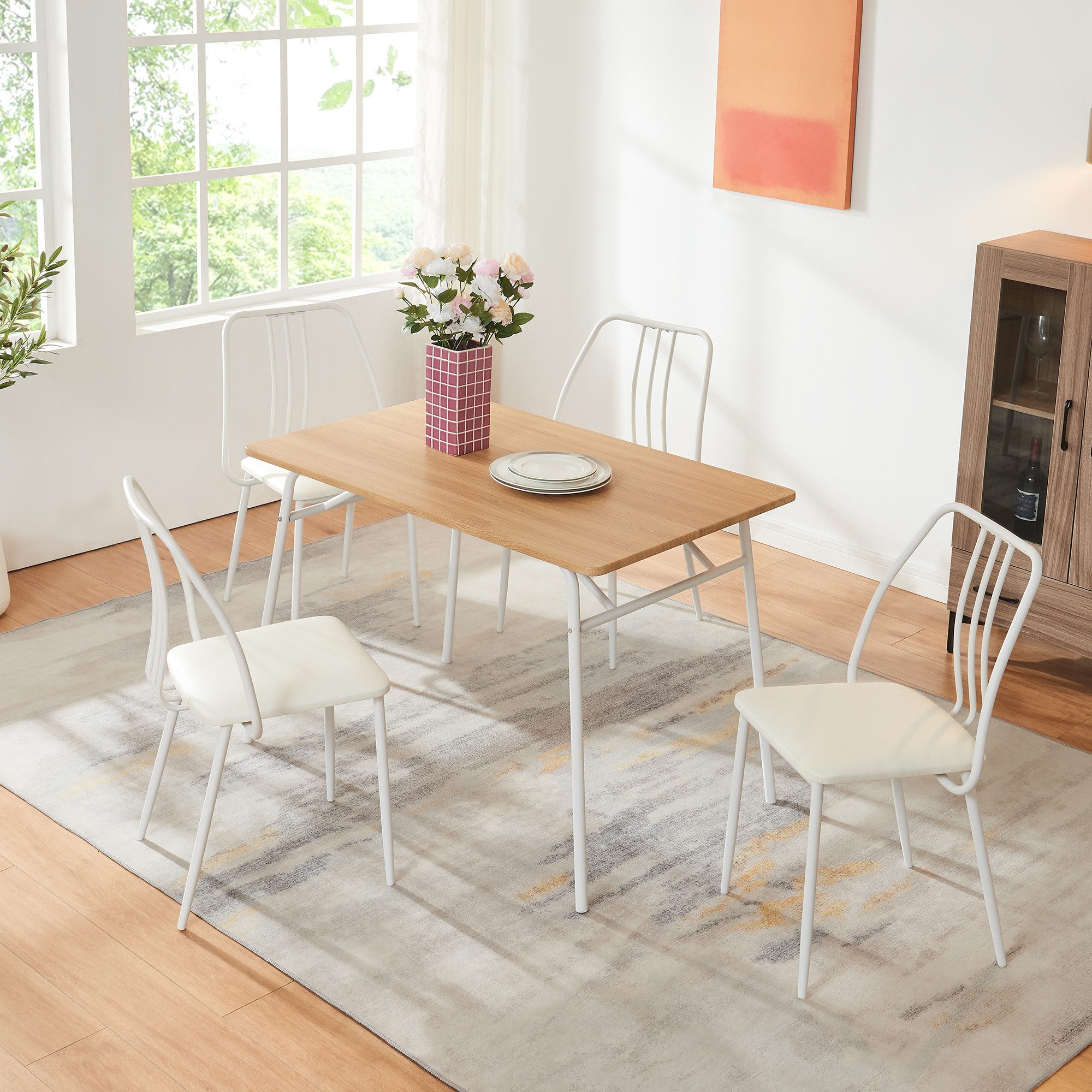 en.casa Essgruppe, (5-tlg), »Omso« 110 x 70 cm rechteckige Tischplatte Eicheoptik/Weiß