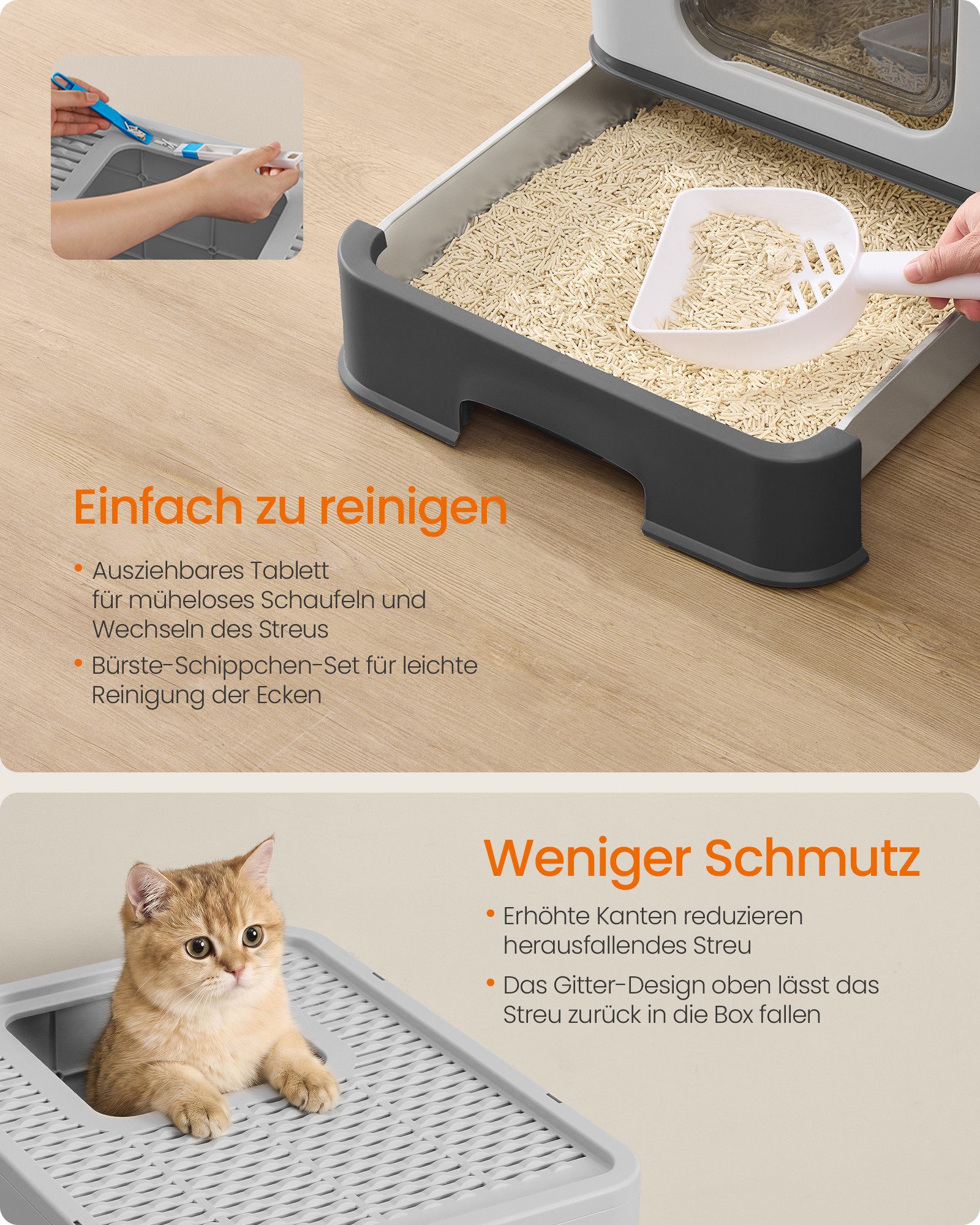 FEANDREA Katzentoilette Katzenklo Edelstahl, für Katzen bis 15 kg, mit Schublade, Schaufel, Bürste, 2 Eingänge