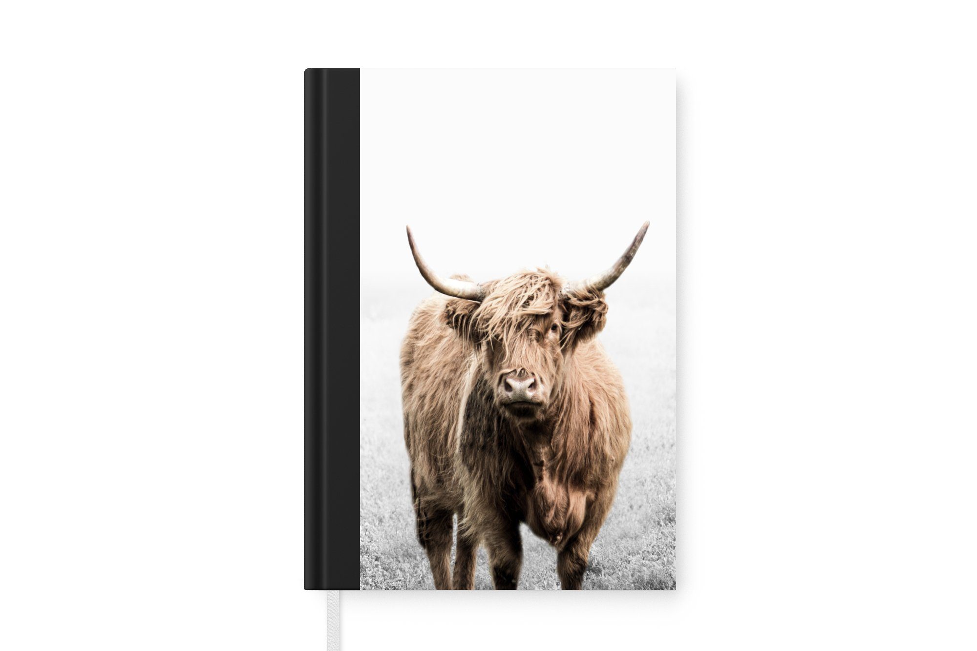 MuchoWow Notizbuch Scottish Highlander - Gras - Weiß, Journal, Merkzettel, Tagebuch, Notizheft, A5, 98 Seiten, Haushaltsbuch