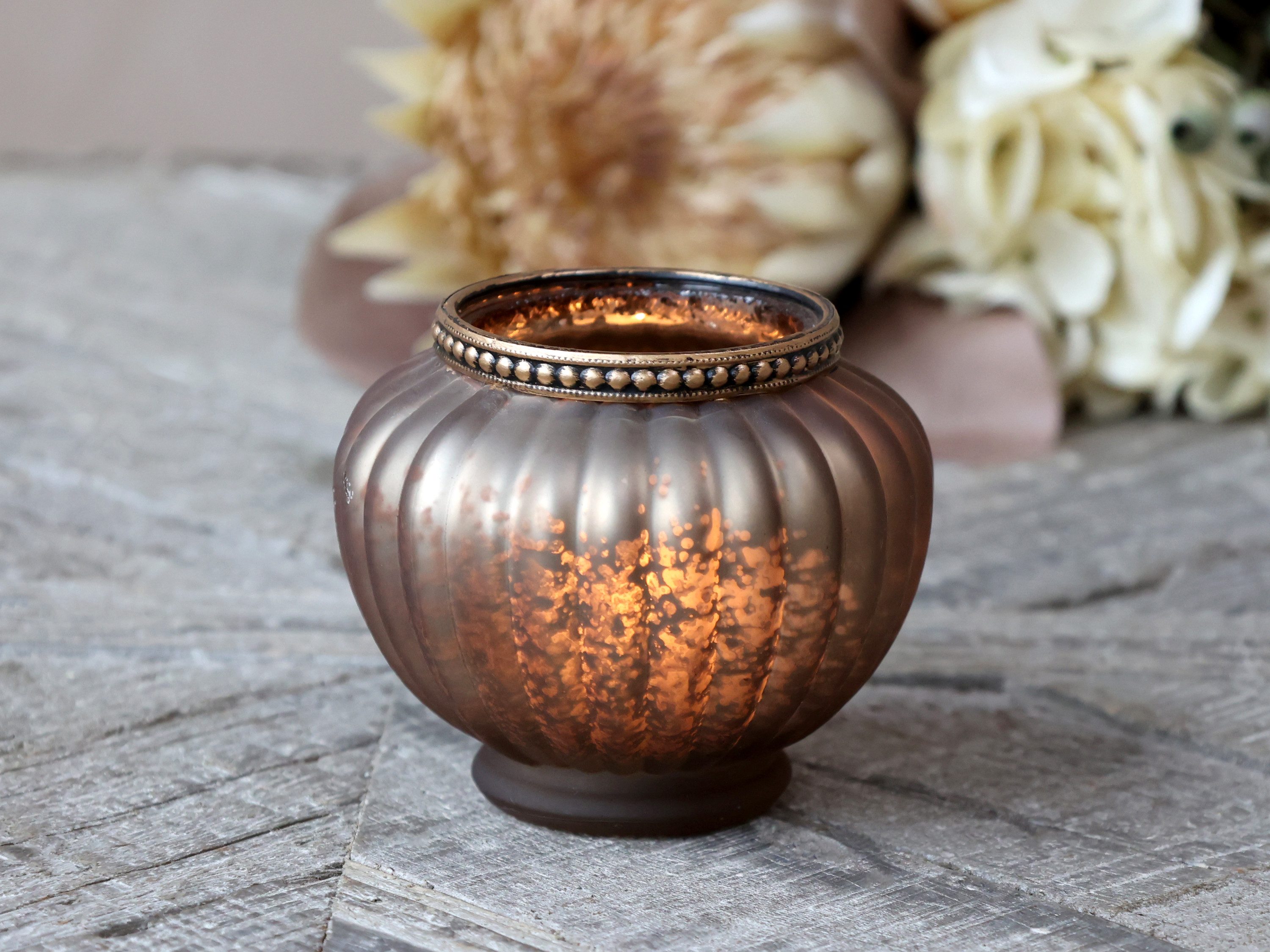 Chic Antique Teelichthalter Teelichthalter aus Glas Kerzenhalter mit Perlenrand Antique, Dekorativ, Edel