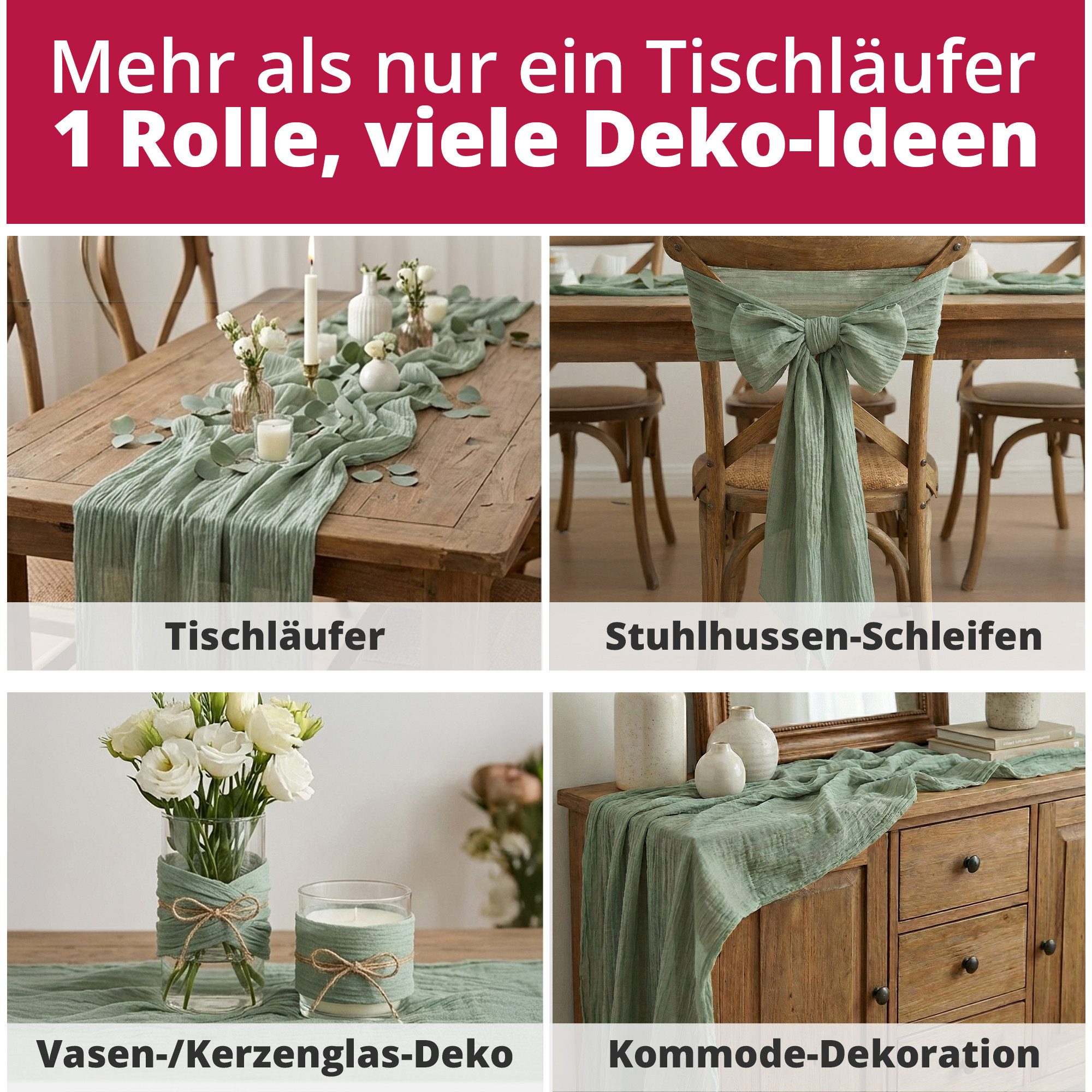 DecoHomeTextil Heimtextilmanufaktur Tischläufer Musselin Tischläufer 80 x 300 cm Weicher Gaze Stoff mit Faltenoptik (1-tlg) – Bild 5 von 5