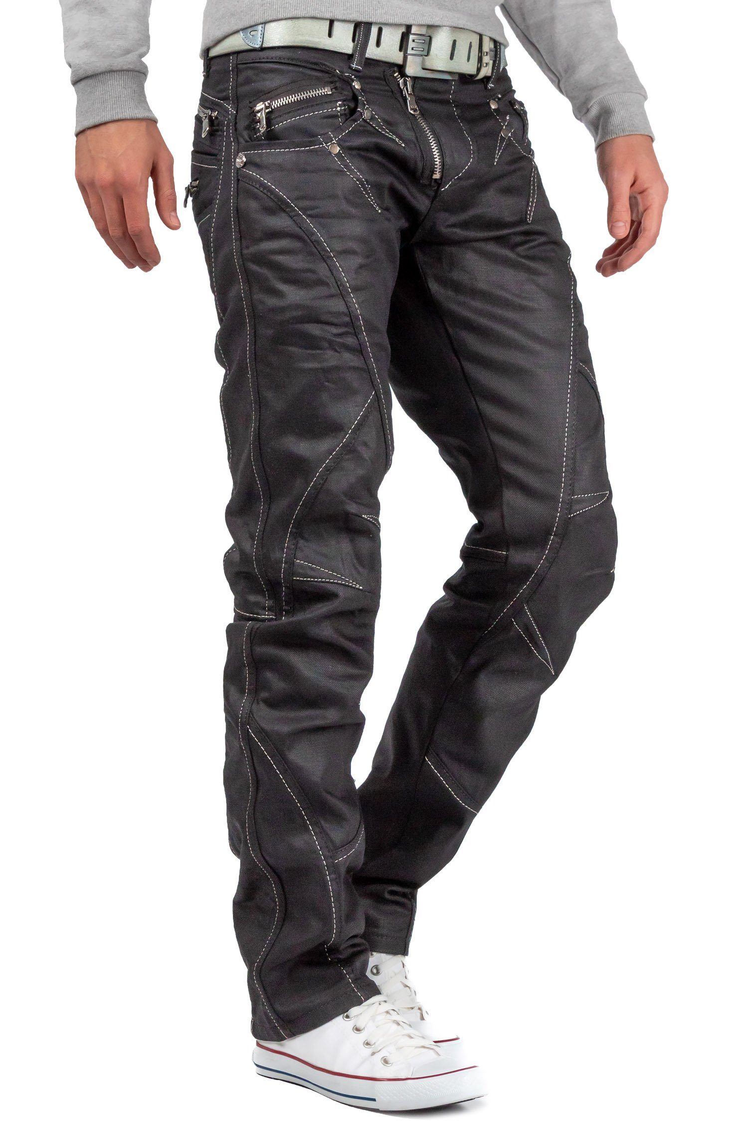 weißen BA-C0812 5-Pocket-Jeans Baxx Schwarz Hose & Nähten mit Glänzend Cipo in