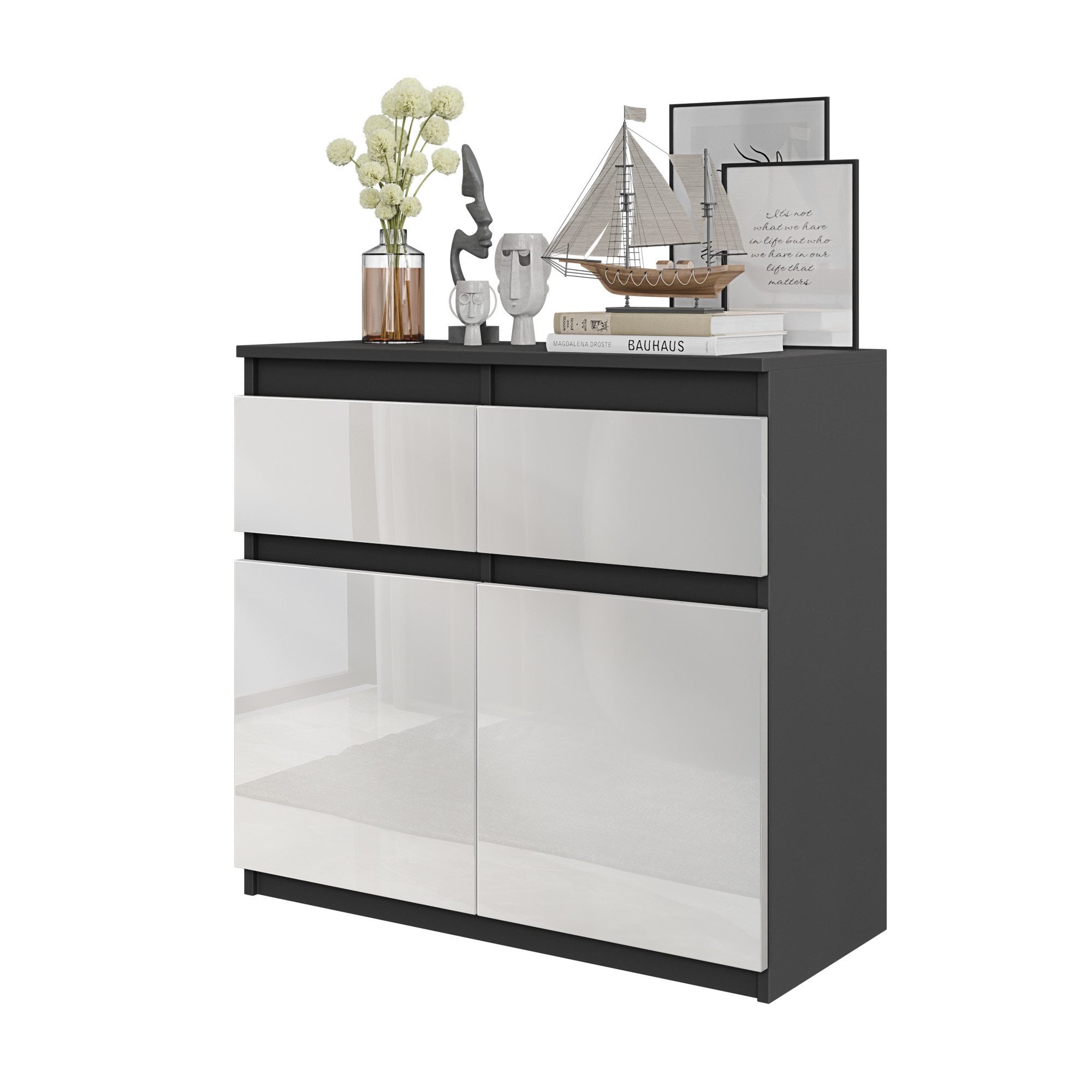 Furnica Kommode NOAH 2 Schubladen und 2 Türen - Anthrazit Grau H75cm B80cm T35cm