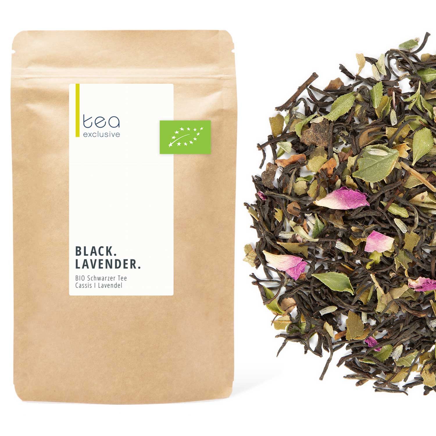 tea exclusive Tee Black Lavender, Schwarzer Tee BIO, 125g, Intensiv fruchtig mit Cassis, Lavendel, Ceylon Schwarztee.