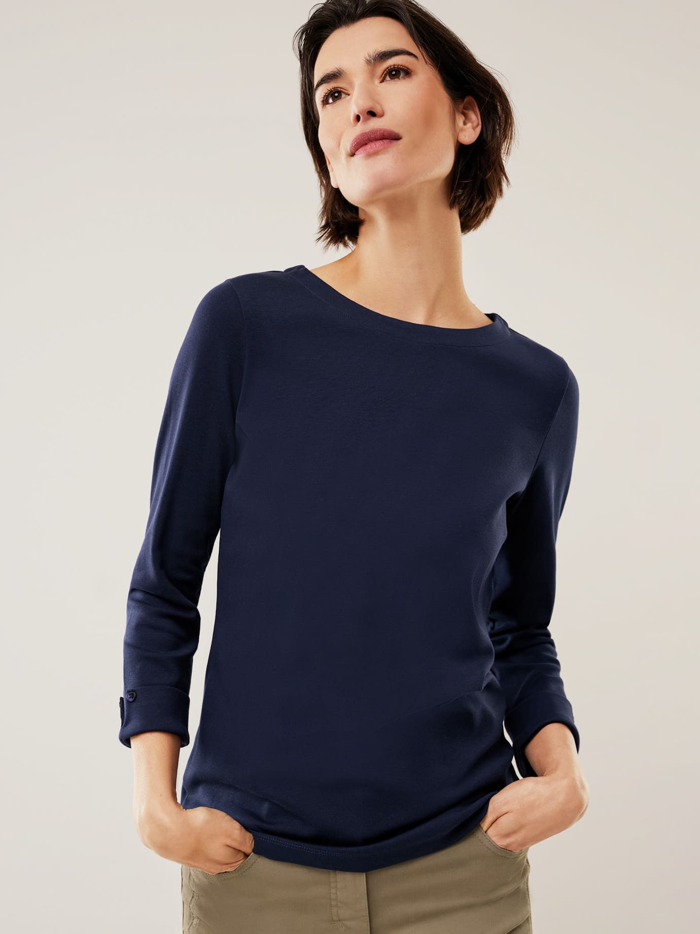 Walbusch T-Shirt Damen Baumwollshirt Softrib U-Boot-Ausschnitt 3/4-Arm mit Knopfdetail Feine Rippenstruktur, elastisch, formstabil, pflegeleicht, marine