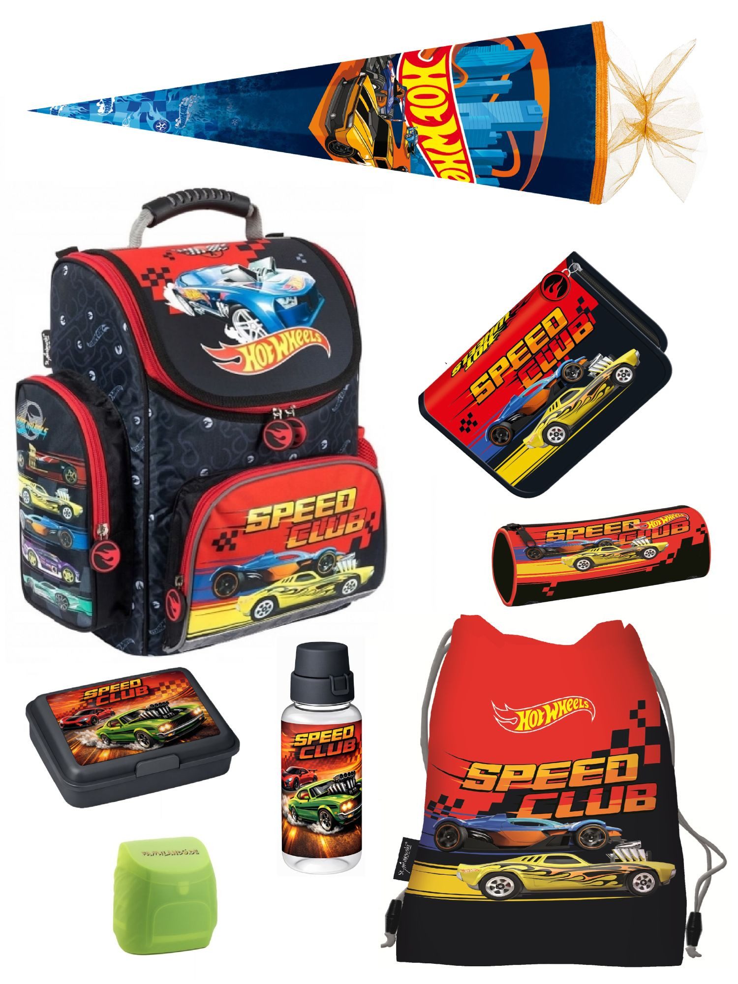 Familando Schulranzen Hot Wheels Schultasche 1. Klasse, leicht, kompakt, ergonomisch (Set, 8-tlg., inkl. Federmappe, Lunch-Set und Schultüte / Zuckertüte), ergonomischer Tornister für Jungen und Mädchen
