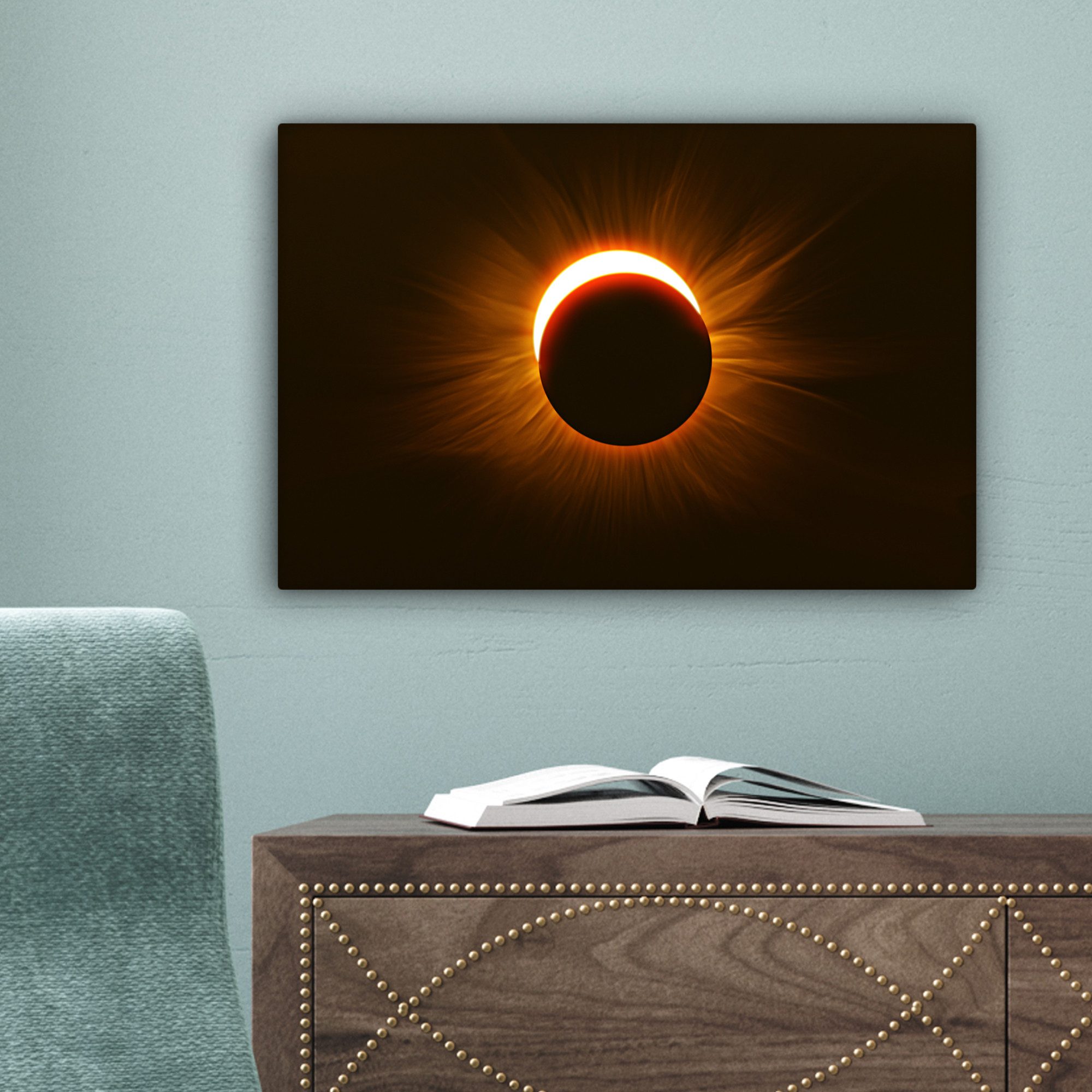 OneMillionCanvasses® Leinwandbild Rote Sonnenfinsternis in der Dunkelheit, Fotodruck (1 St), Leinwand Bilder Klein, Wand Dekoration Aesthetic 30x20 cm – Bild 3 von 5