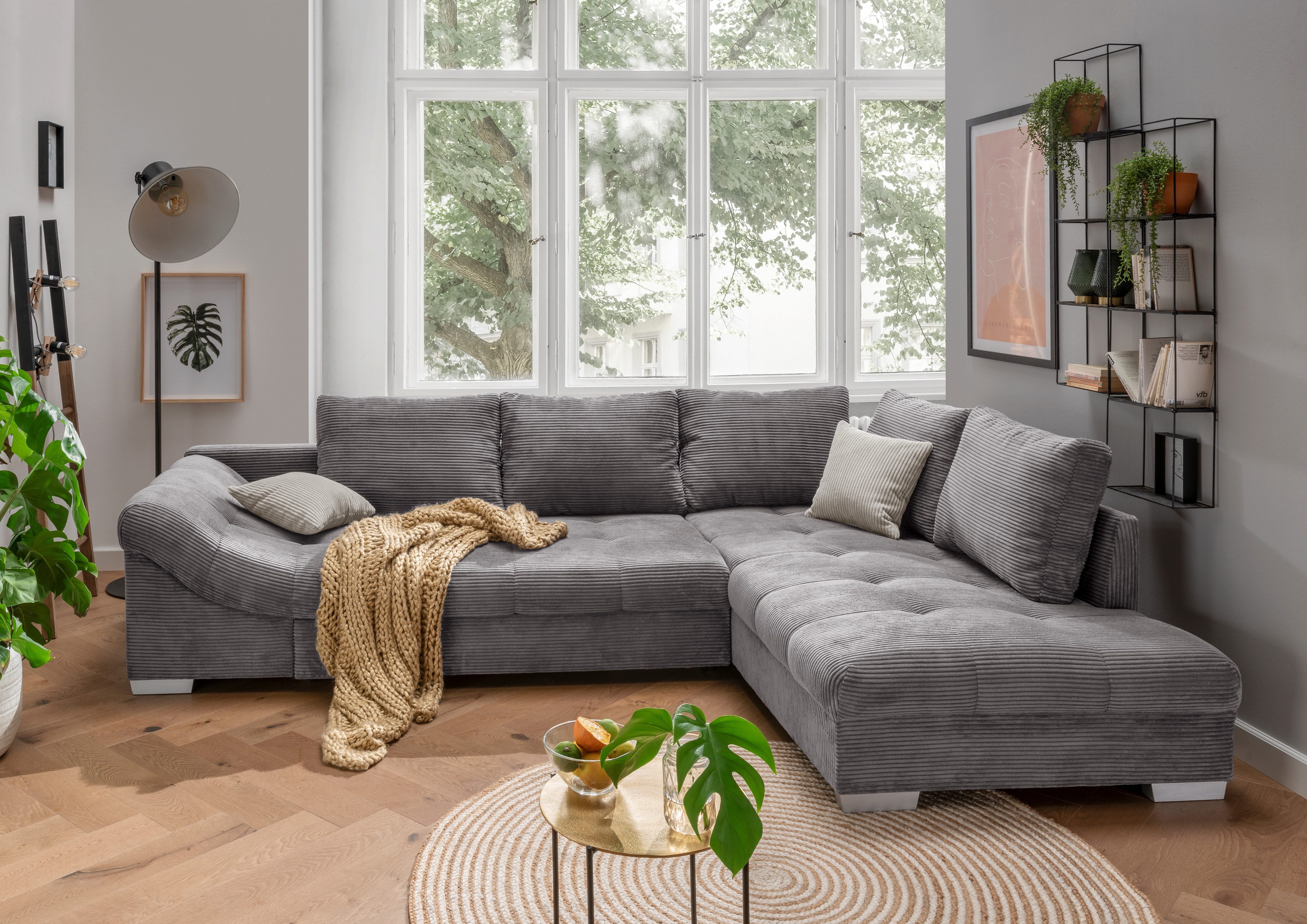 luma-home Ecksofa 17201, mit Bettfunktion B298/T202/H84 cm, Liegefläche 154x227 cm, Wellenunterfederung, Ottomane rechts, Bezug Cord Grau